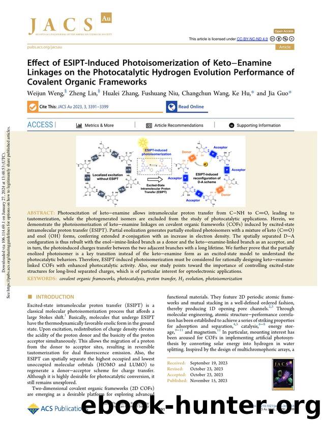Effect of ESIPT-Induced Photoisomerization of KetoâEnamine Linkages on the Photocatalytic Hydrogen Evolution Performance of Covalent Organic Frameworks by Weijun Weng Zheng Lin Hualei Zhang Fushuang Niu Changchun Wang Ke Hu & Jia Guo