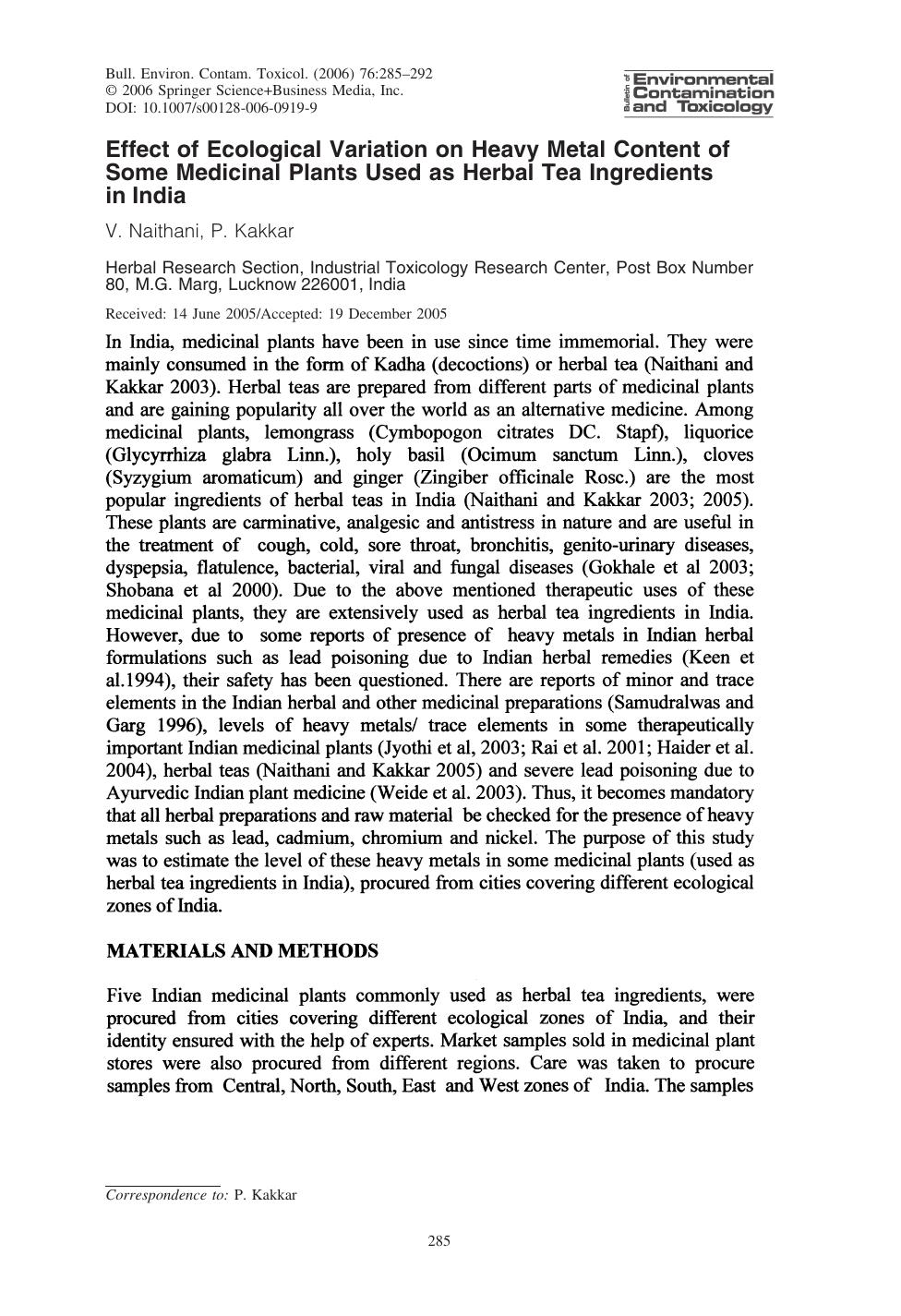 Effect of Ecological Variation on Heavy Metal Content of Some Medicinal Plants Used as Herbal Tea Ingredients in India by Naithani & V. et al