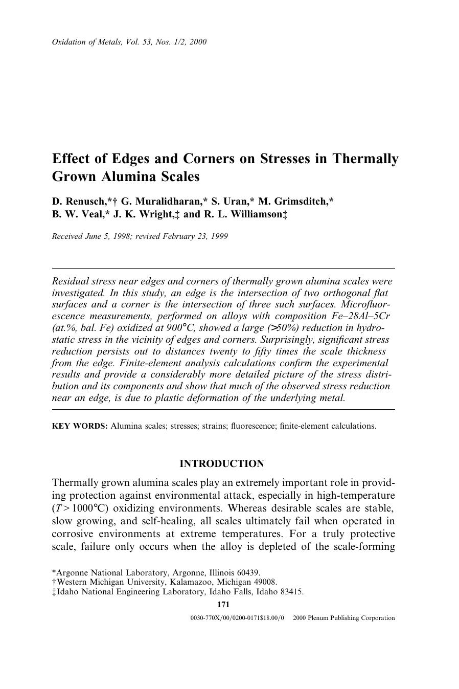 Effect of Edges and Corners on Stresses in Thermally Grown Alumina Scales by Unknown