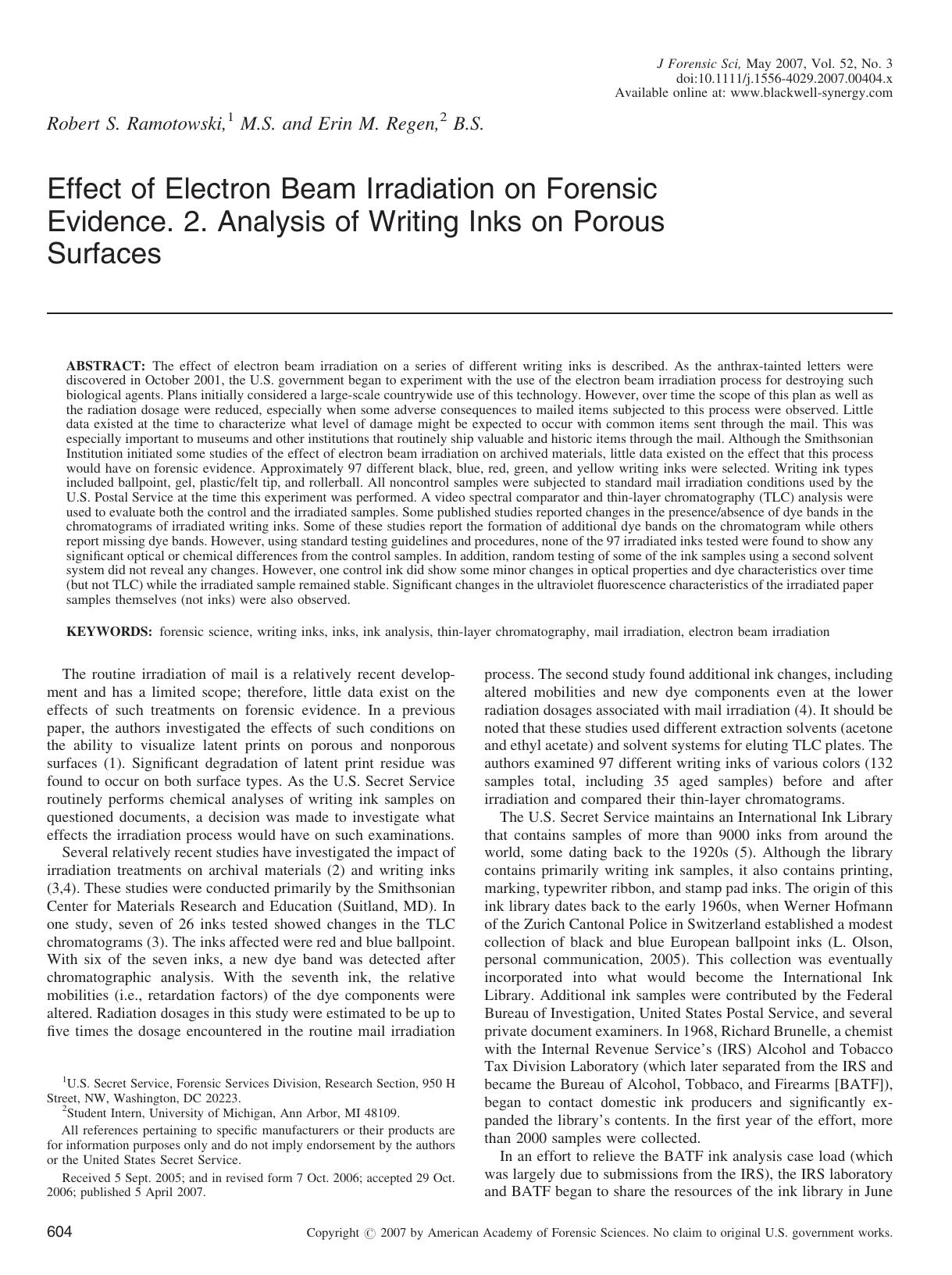 Effect of Electron Beam Irradiation on Forensic Evidence. 2. Analysis of Writing Inks on Porous Surfaces by Unknown