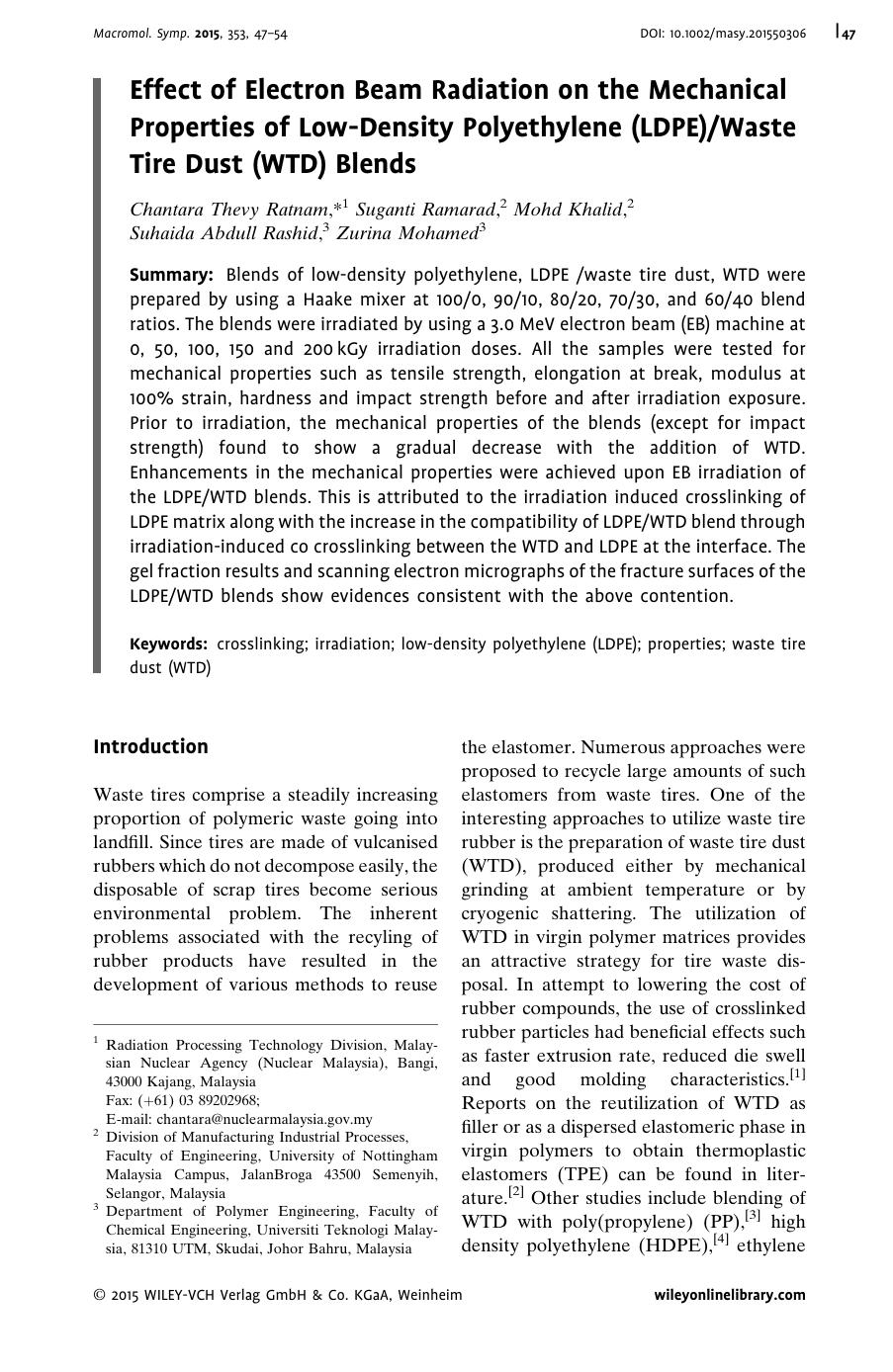 Effect of Electron Beam Radiation on the Mechanical Properties of Low-Density Polyethylene (LDPE)Waste Tire Dust (WTD) Blends by Unknown