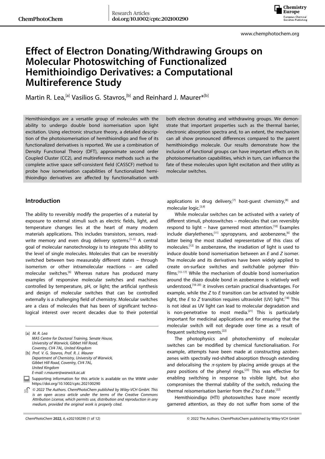 Effect of Electron DonatingWithdrawing Groups on Molecular Photoswitching of Functionalized Hemithioindigo Derivatives: a Computational Multireference Study by Unknown