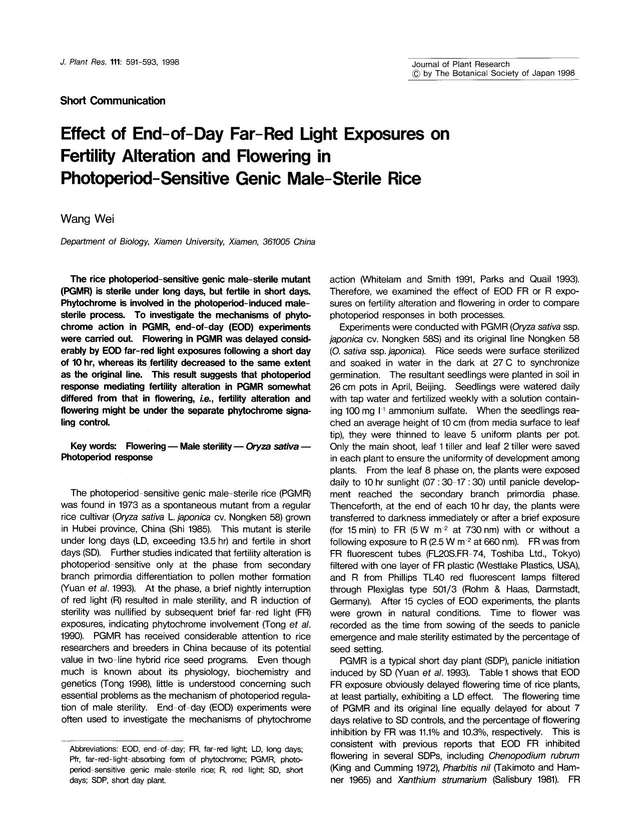 Effect of End-of-day far-red light exposures on fertility alteration and flowering in photoperiod-sensitive genic male-sterile rice by Unknown