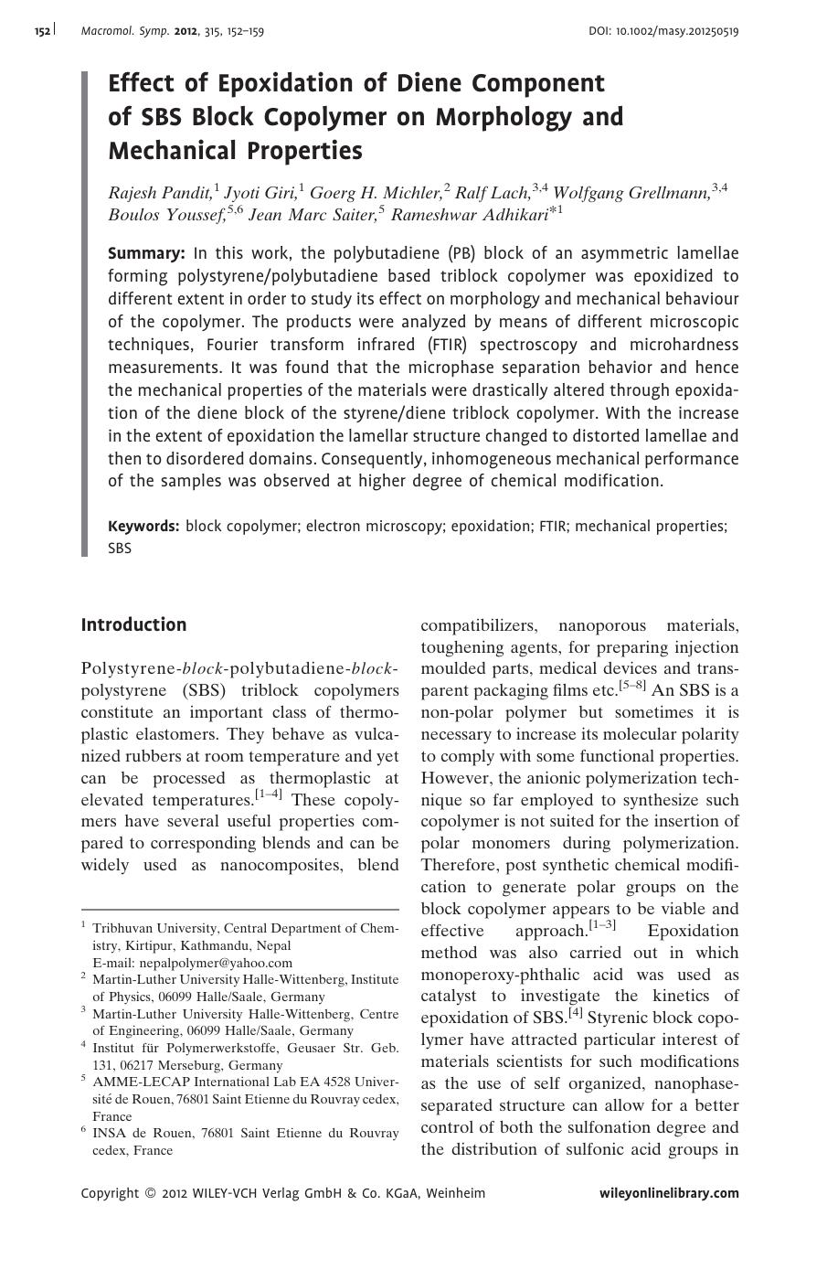 Effect of Epoxidation of Diene Component of SBS Block Copolymer on Morphology and Mechanical Properties by Unknown