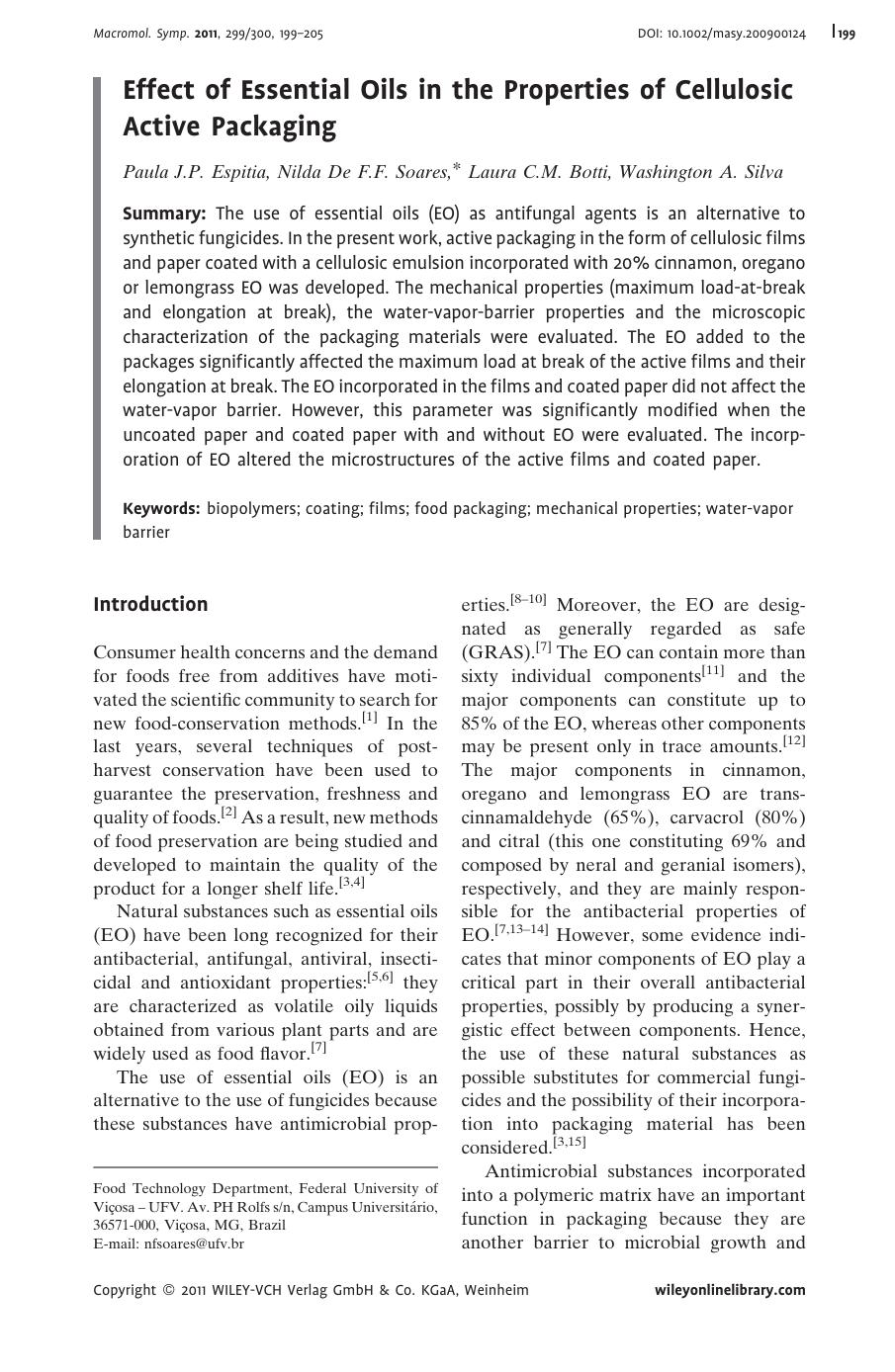 Effect of Essential Oils in the Properties of Cellulosic Active Packaging by Unknown