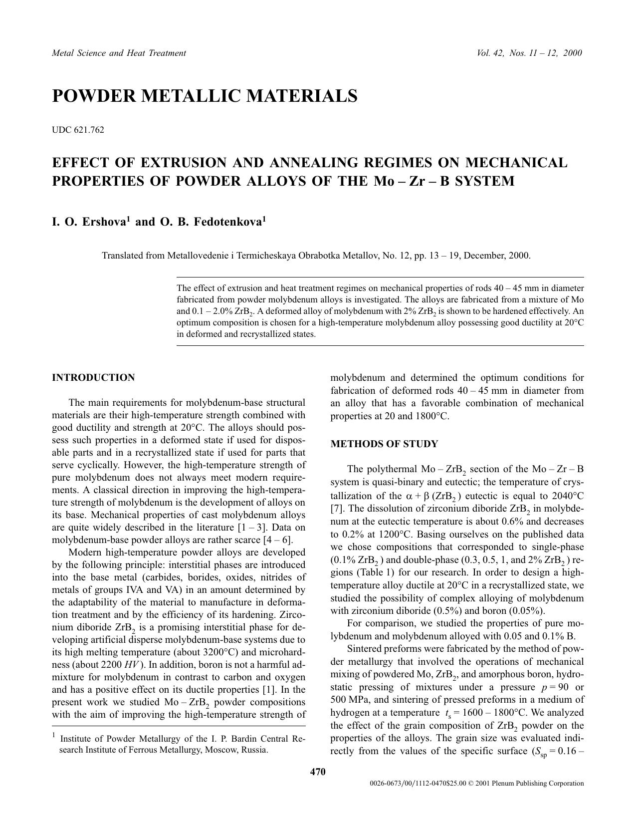Effect of Extrusion and Annealing Regimes on Mechanical Properties of Powder Alloys of the Mo – Zr – B System by Unknown