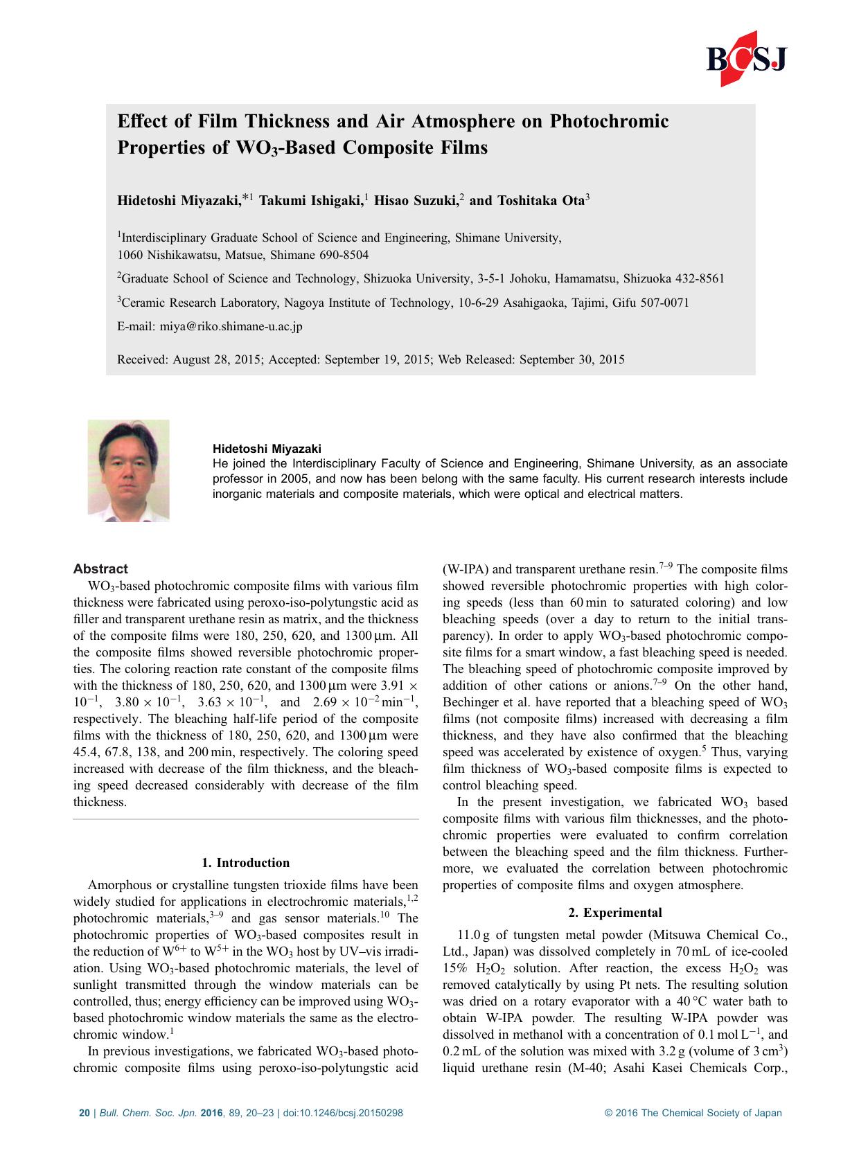 Effect of Film Thickness and Air Atmosphere on Photochromic Properties of WO3-Based Composite Films by Hidetoshi Miyazaki Takumi Ishigaki Hisao Suzuki Toshitaka Ota