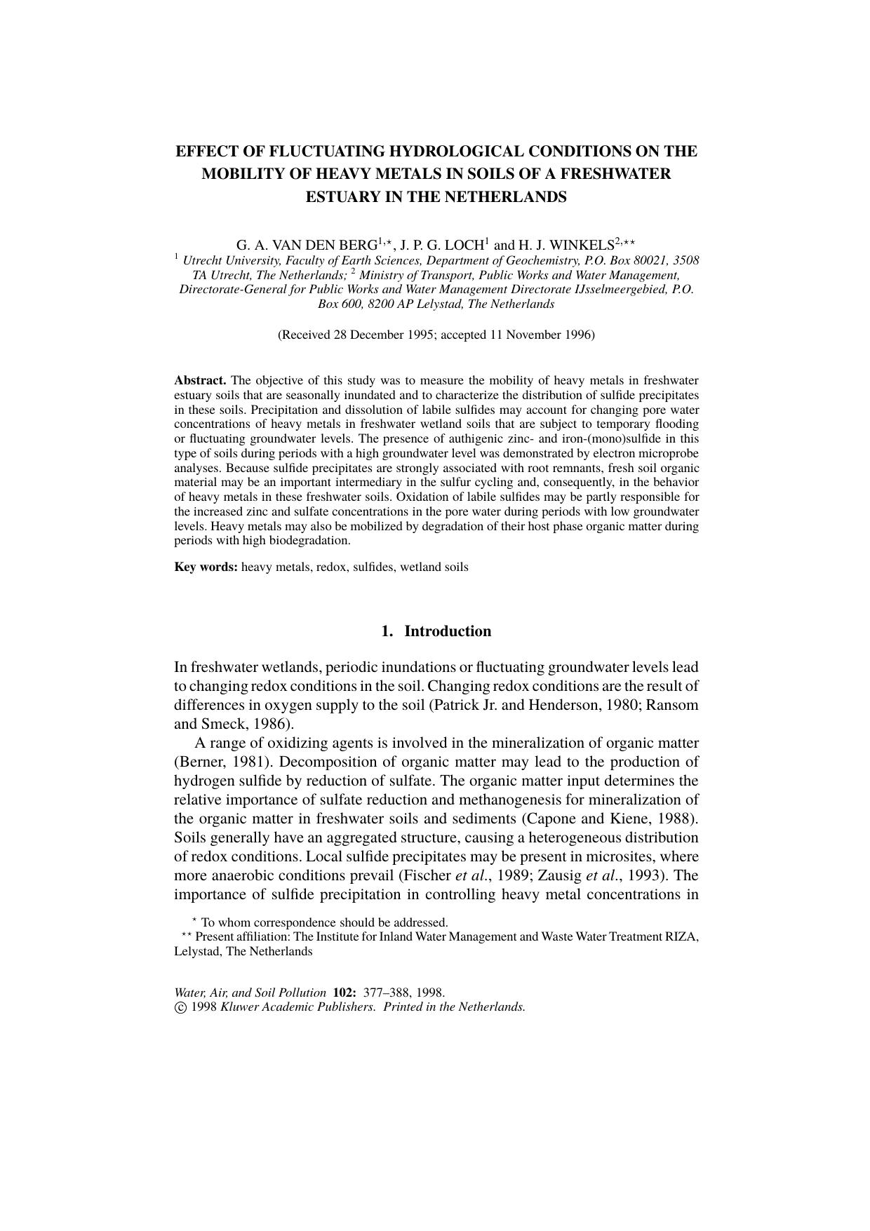 Effect of Fluctuating Hydrological Conditions on the Mobility of Heavy Metals in Soils of a Freshwater Estuary in the Netherlands by Unknown