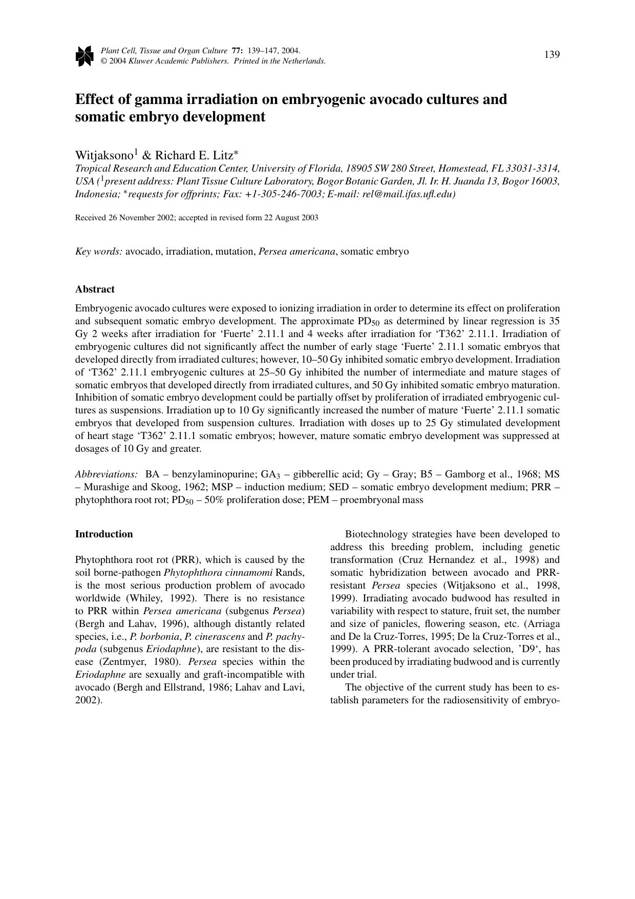 Effect of Gamma Irradiation on Embryogenic Avocado Cultures and Somatic Embryo Development by Unknown