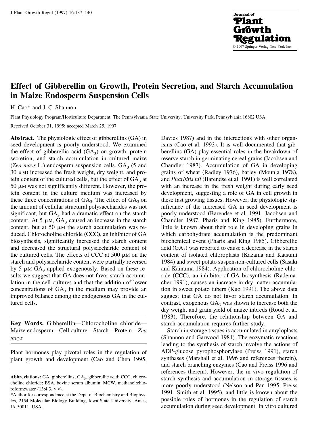 Effect of Gibberellin on Growth, Protein Secretion, and Starch Accumulation in Maize Endosperm Suspension Cells by Cao H. et al