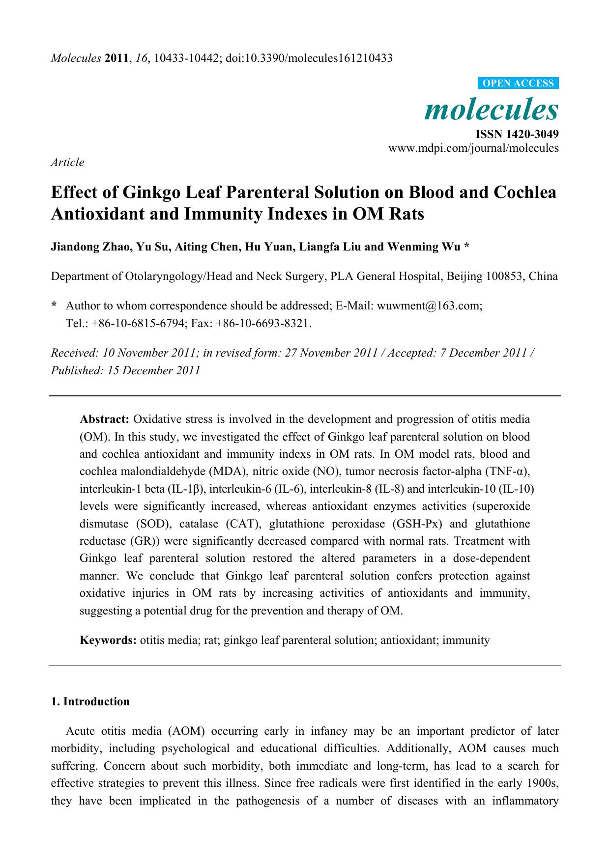 Effect of Ginkgo Leaf Parenteral Solution on Blood and Cochlea Antioxidant and Immunity Indexes in OM Rats by Jiandong Zhao & Yu Su & Aiting Chen & Hu Yuan & Liangfa Liu and Wenming Wu