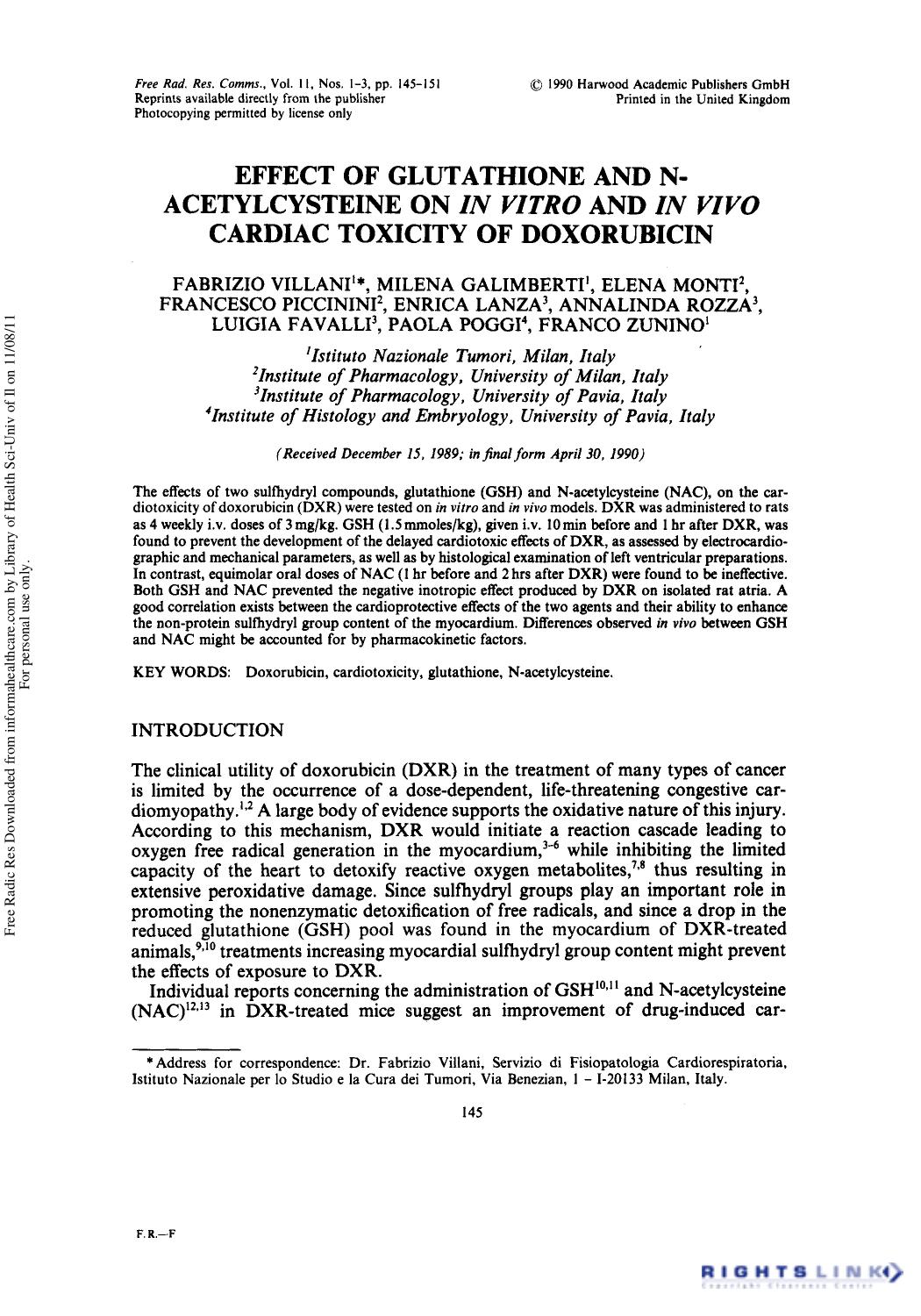 Effect of Glutathione and N-Acetylcysteine on in Vitro and in VIVO Cardiac Toxicity of Doxorubicin by unknow