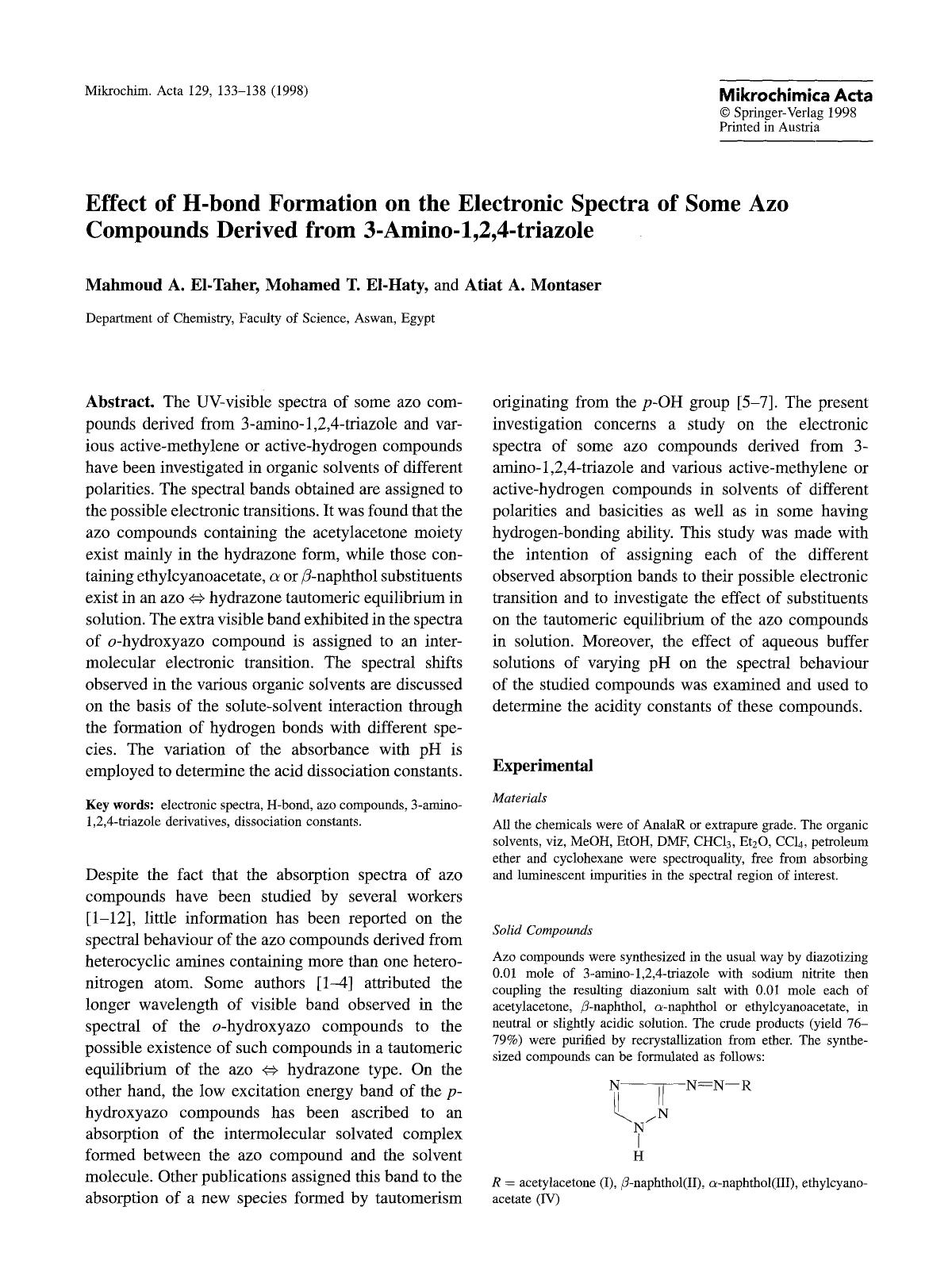 Effect of H-bond formation on the electronic spectra of some azo compounds derived from 3-amino-1,2,4-triazole by Unknown