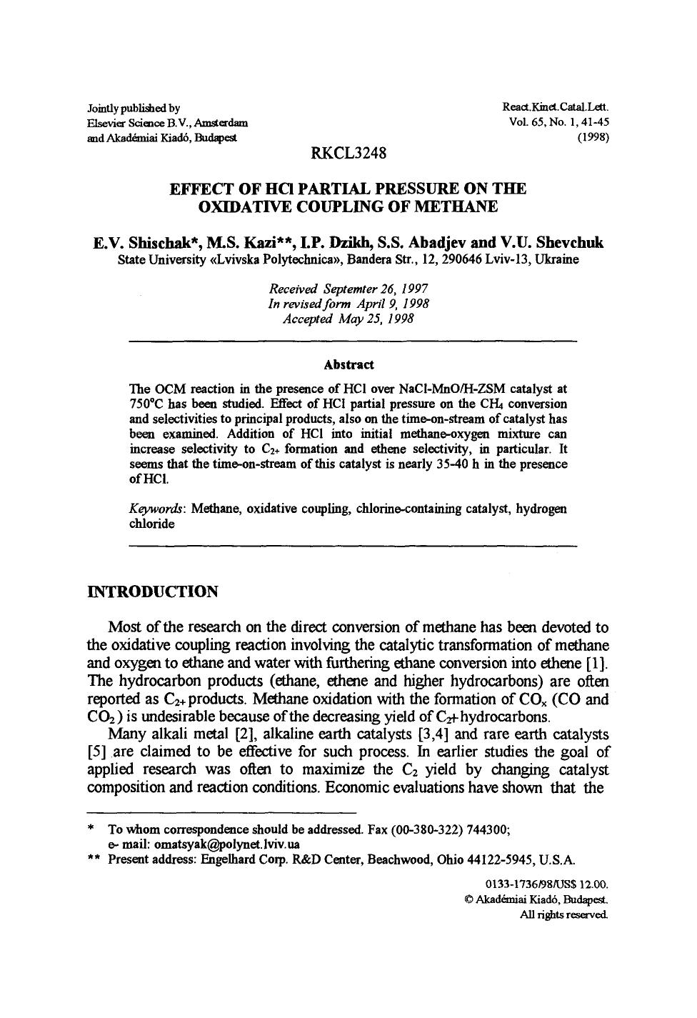 Effect of HCl partial pressure on the oxidative coupling of methane by Unknown