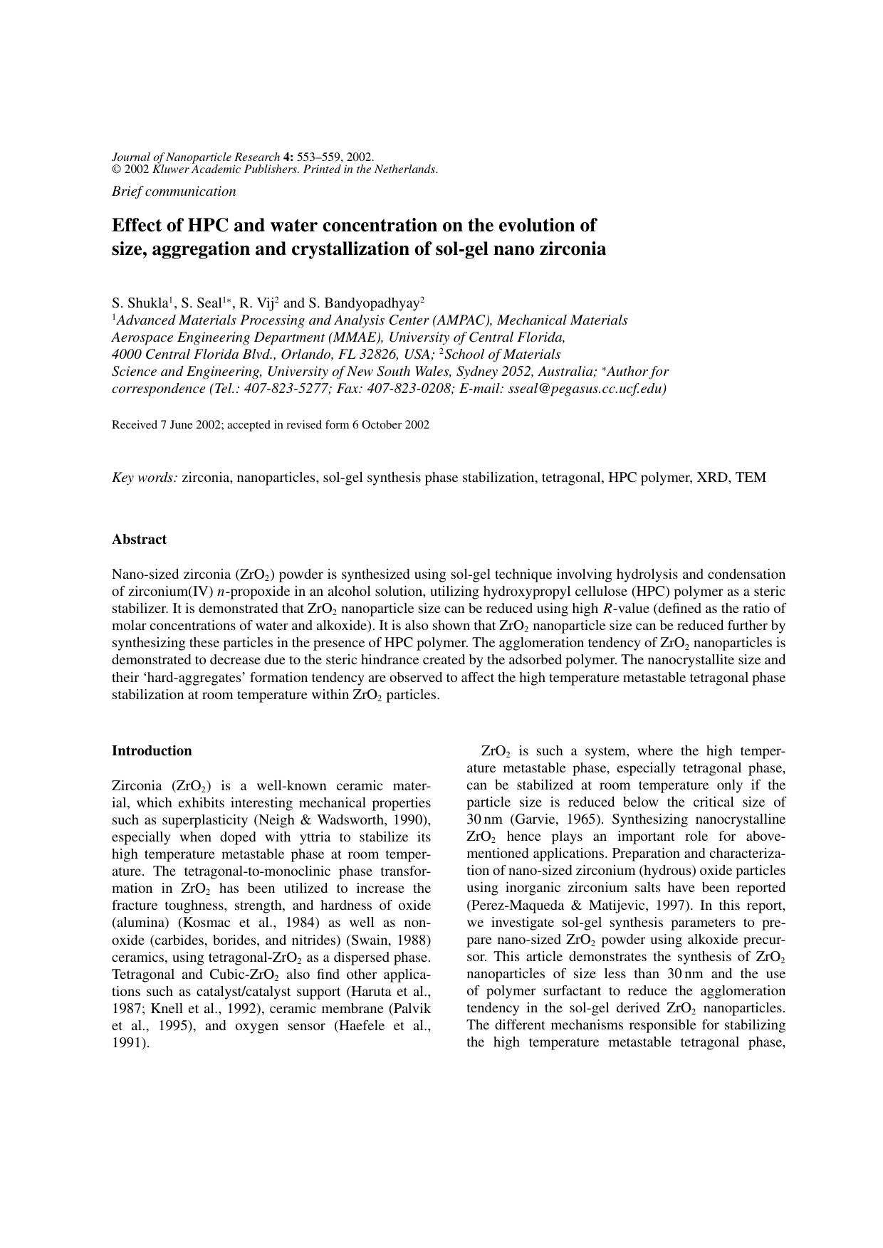 Effect of HPC and Water Concentration on the Evolution of Size, Aggregation and Crystallization of Sol-gel Nano Zirconia by Unknown