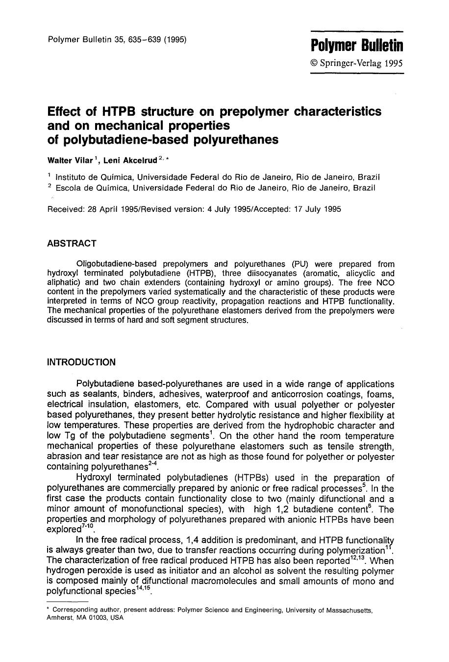 Effect of HTPB structure on prepolymer characteristics and on mechanical properties of polybutadiene-based polyurethanes by Unknown