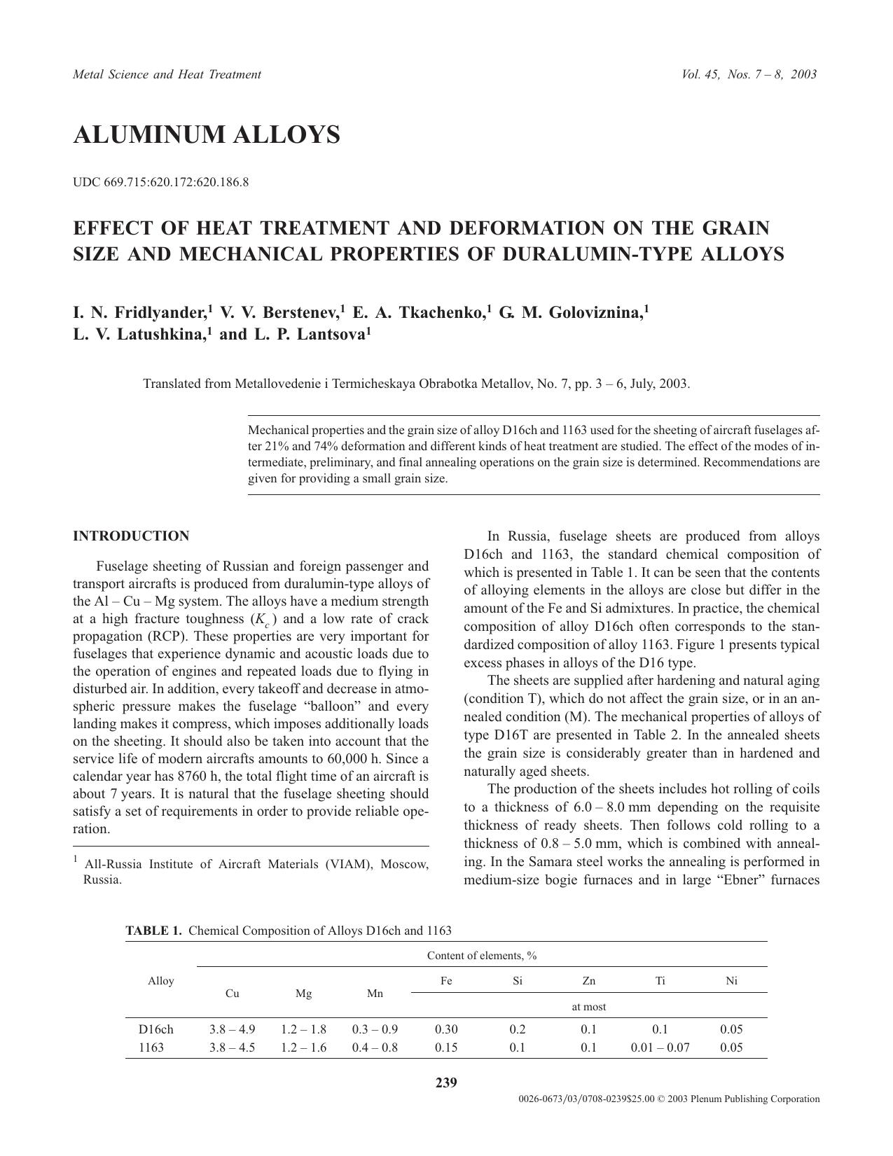 Effect of Heat Treatment and Deformation on the Grain Size and Mechanical Properties of Duralumin-Type Alloys by Unknown