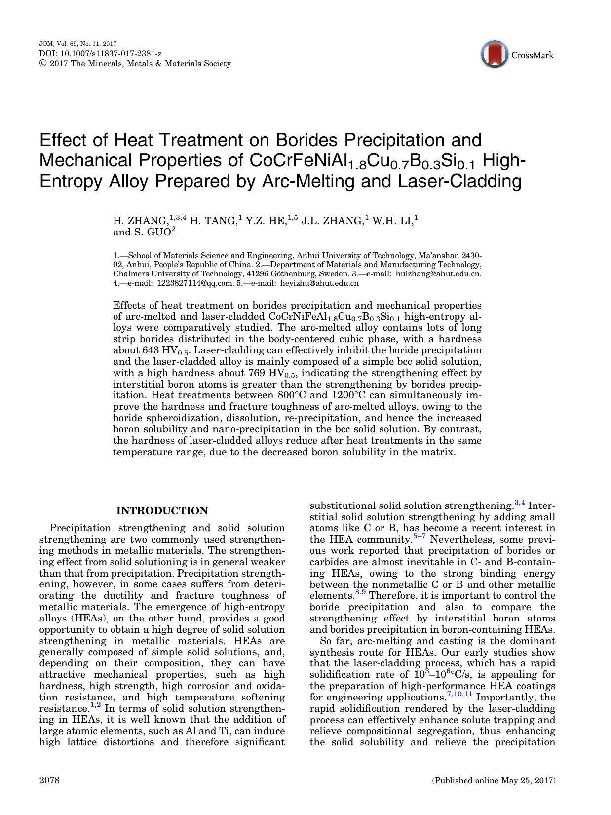 Effect of Heat Treatment on Borides Precipitation and Mechanical Properties of CoCrFeNiAl1.8Cu0.7B0.3Si0.1 High-Entropy Alloy Prepared by Arc-Melting and Laser-Cladding by H. Zhang & H. Tang & Y. Z. He & J. L. Zhang & W. H. Li & S. Guo
