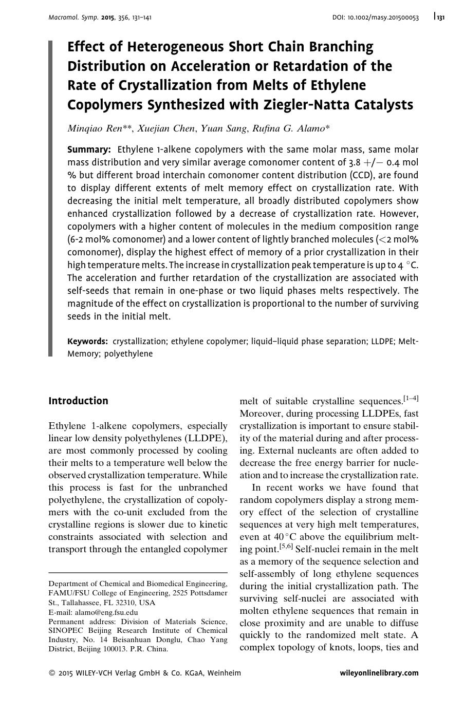 Effect of Heterogeneous Short Chain Branching Distribution on Acceleration or Retardation of the Rate of Crystallization from Melts of Ethylene Copolymers Synthesized with Ziegler-Natta Catalysts by Unknown