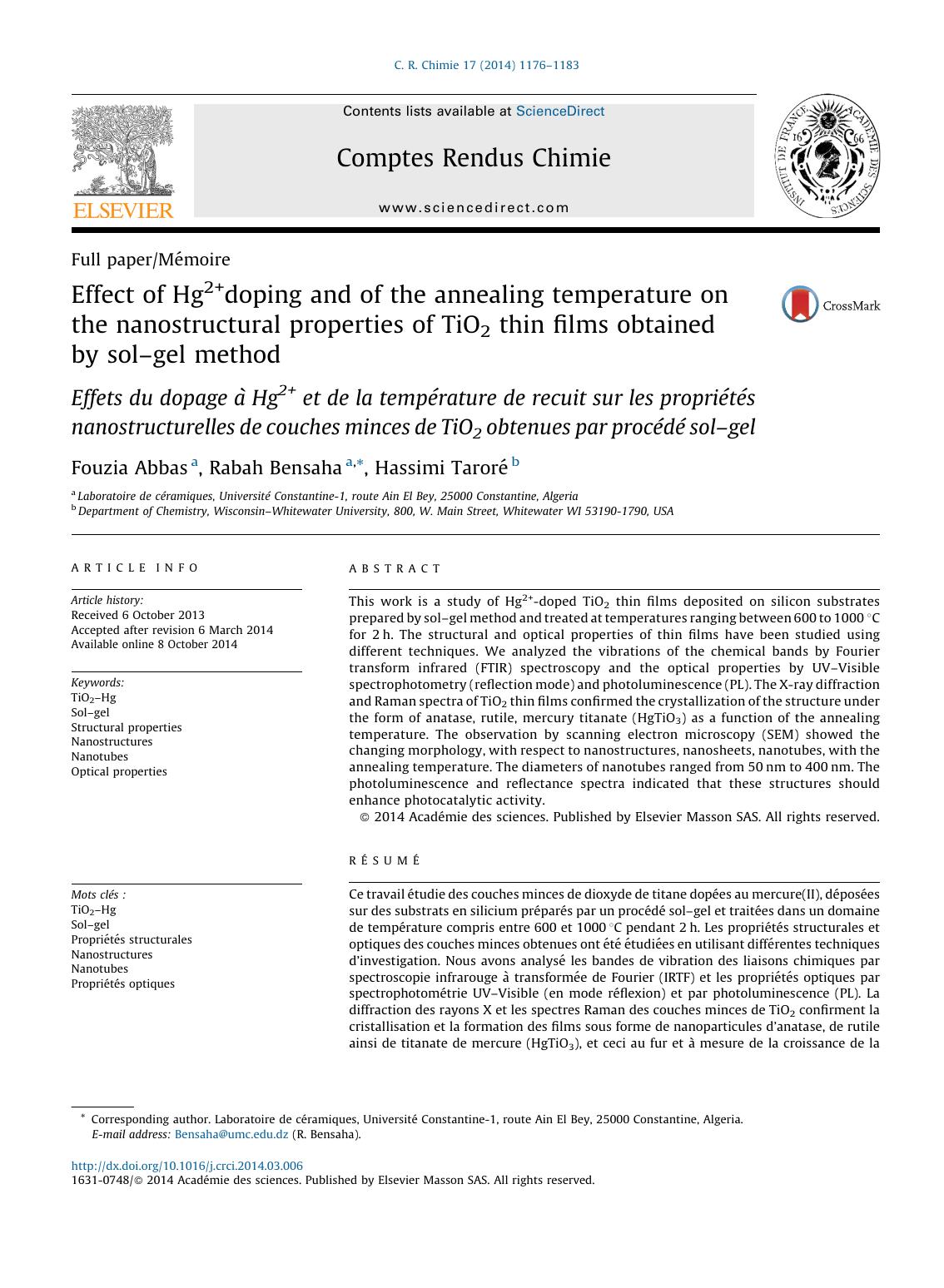 Effect of Hg2+doping and of the annealing temperature on the nanostructural properties of TiO2 thin films obtained by solâgel method by Fouzia Abbas & Rabah Bensaha & Hassimi Taroré
