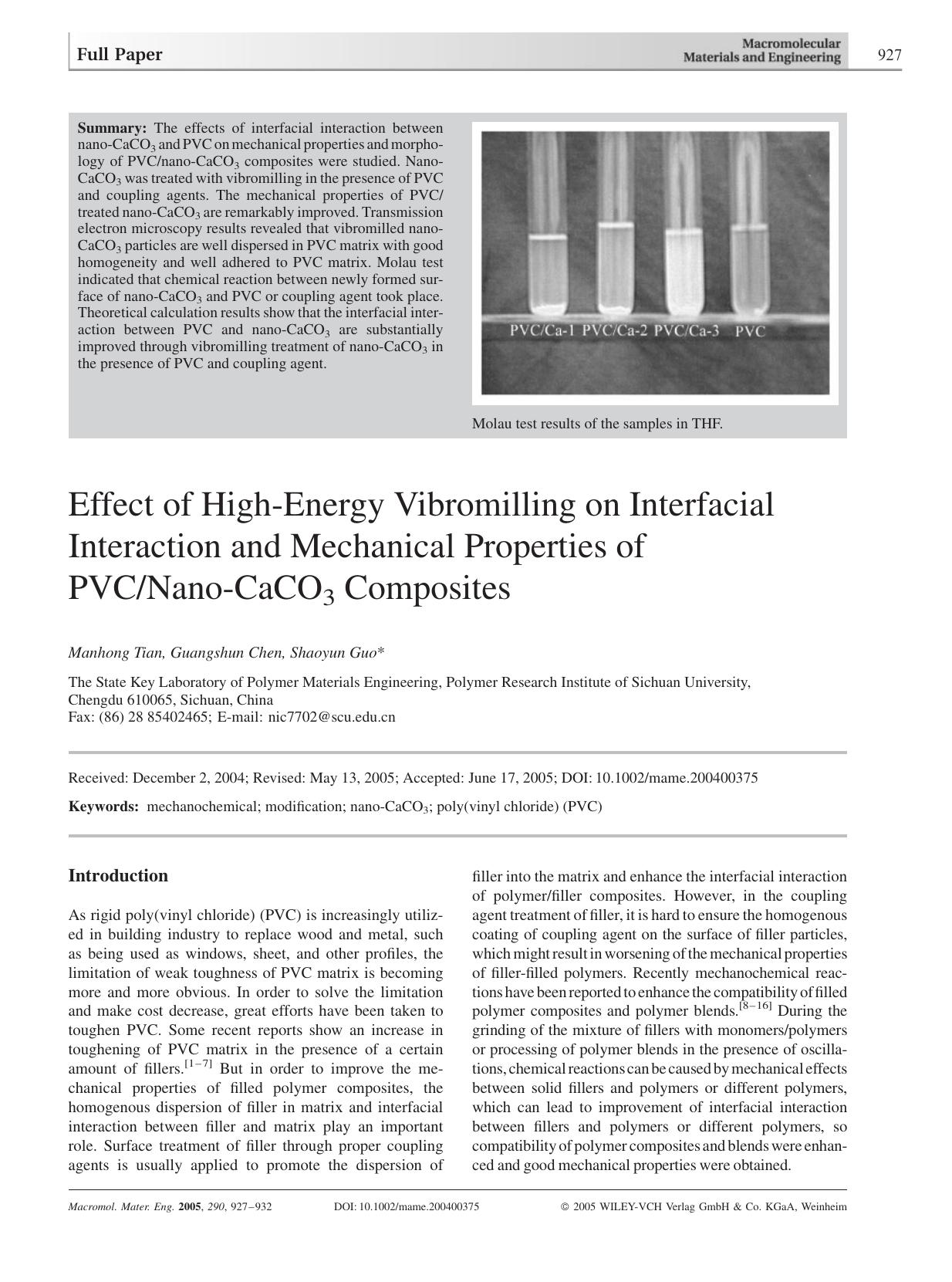 Effect of High-Energy Vibromilling on Interfacial Interaction and Mechanical Properties of PVCNano-CaCO3 Composites by Unknown