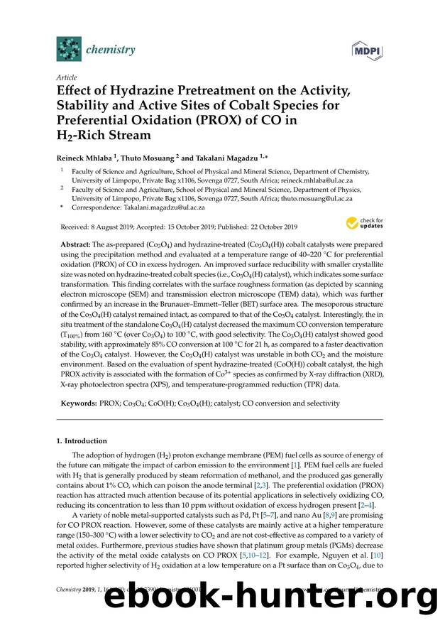 Effect of Hydrazine Pretreatment on the Activity, Stability and Active Sites of Cobalt Species for Preferential Oxidation (PROX) of CO in H2-Rich Stream by Reineck Mhlaba Thuto Mosuang & Takalani Magadzu