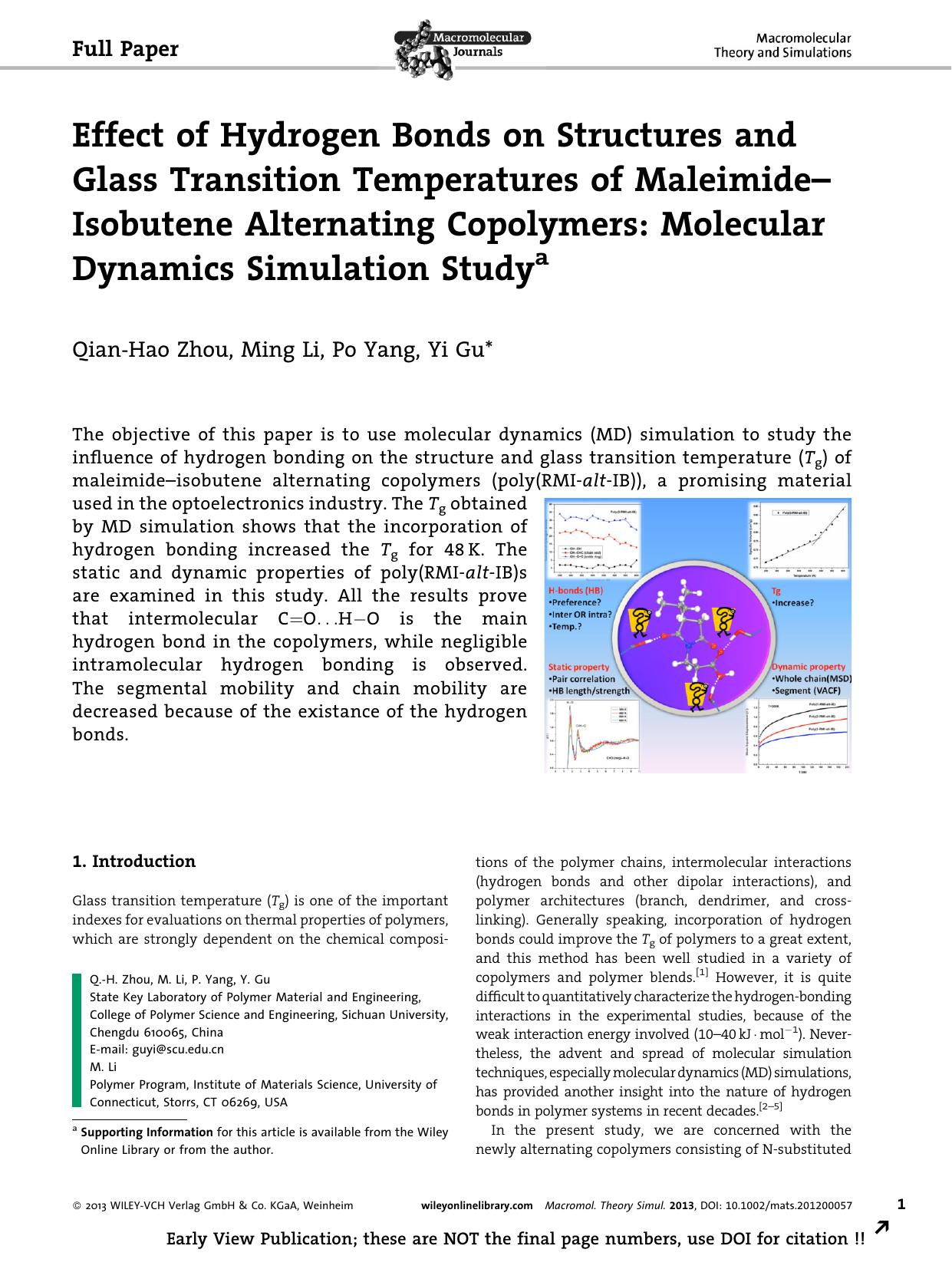 Effect of Hydrogen Bonds on Structures and Glass Transition Temperatures of MaleimideIsobutene Alternating Copolymers: Molecular Dynamics Simulation Study by Unknown