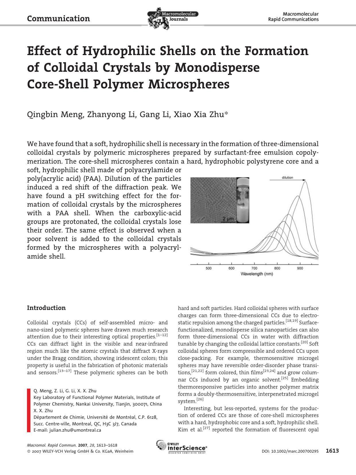 Effect of Hydrophilic Shells on the Formation of Colloidal Crystals by Monodisperse Core-Shell Polymer Microspheres by Unknown