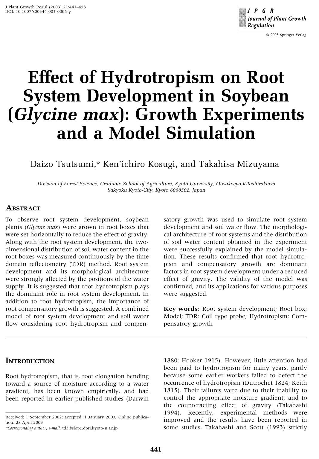 Effect of Hydrotropism on Root System Development in Soybean (Glycine max): Growth Experiments and a Model Simulation by Tsutsumi D. et al