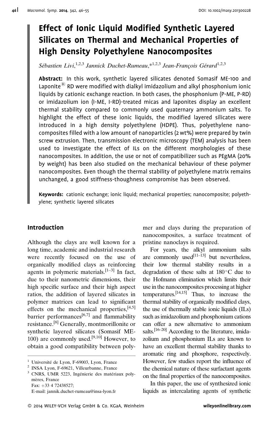 Effect of Ionic Liquid Modified Synthetic Layered Silicates on Thermal and Mechanical Properties of High Density Polyethylene Nanocomposites by Unknown