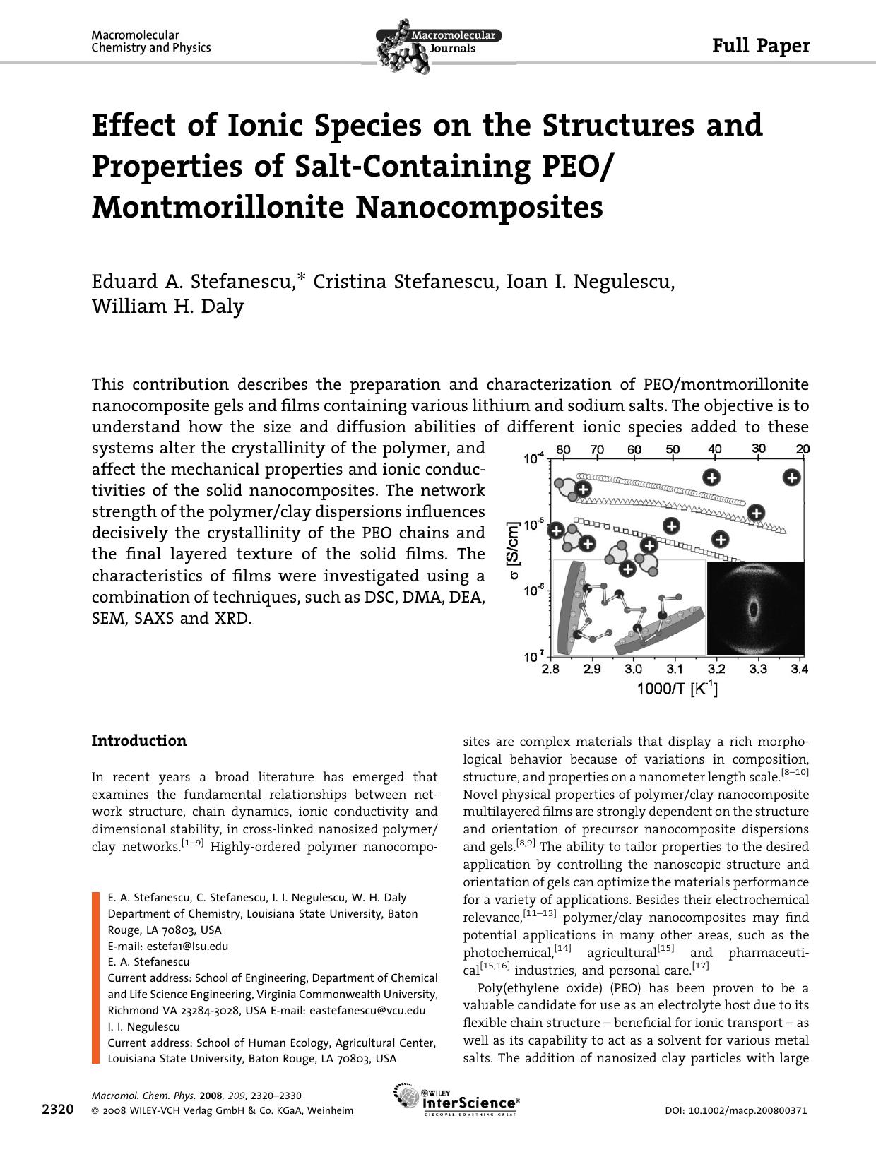 Effect of Ionic Species on the Structures and Properties of Salt-Containing PEOMontmorillonite Nanocomposites by unknow