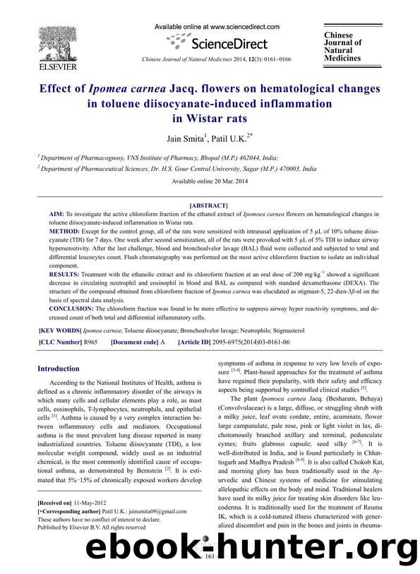 Effect of Ipomea carnea Jacq. flowers on hematological changes in toluene diisocyanate-induced inflammation in Wistar rats by Jain Smita & U.K. Patil
