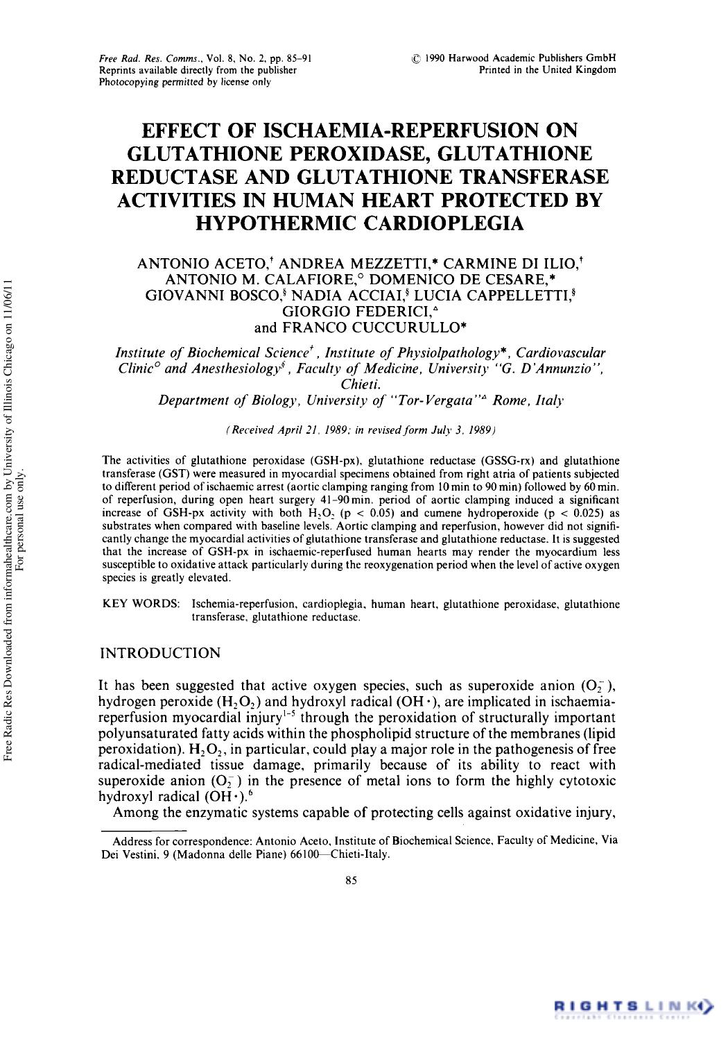 Effect of Ischaemia-Reperfusion on Glutathione Peroxidase, Glutathione Reductase and Glutathione Transferase Activities in Human Heart Protected by Hypothermic Cardioplegia by unknow