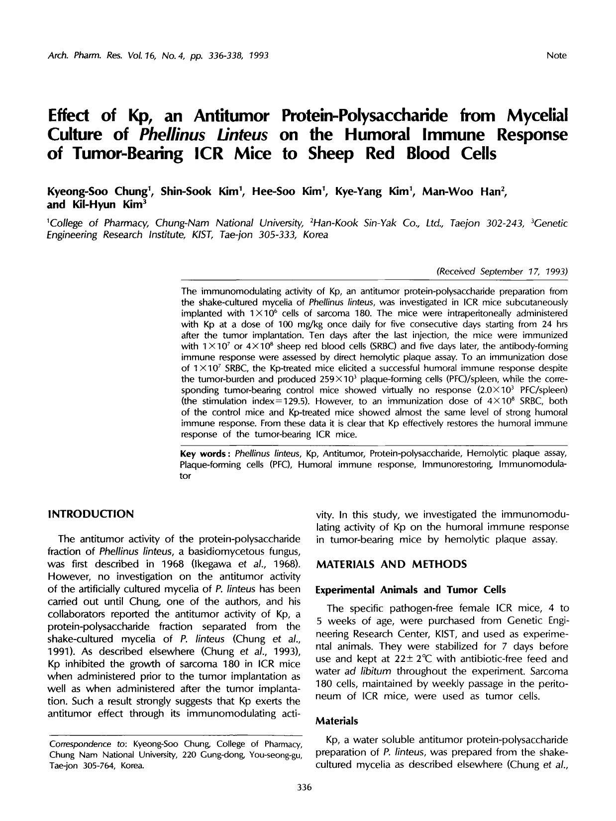 Effect of Kp, an antitumor protein-polysaccharide from mycelial culture of <Emphasis Type="Italic">Phellinus linteus <Emphasis> on the humoral immune response of tumor-bearing ICR by Unknown
