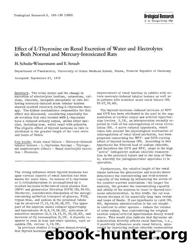 Effect of L-thyroxine on renal excretion of water and electrolytes in both normal and mercury-intoxicated rats by Unknown