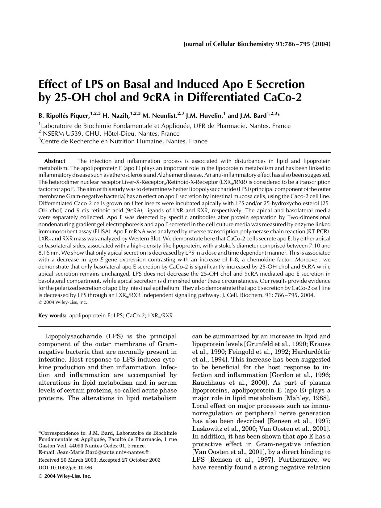 Effect of LPS on basal and induced apo E secretion by 25-OH chol and 9cRA in differentiated CaCo-2 by Unknown