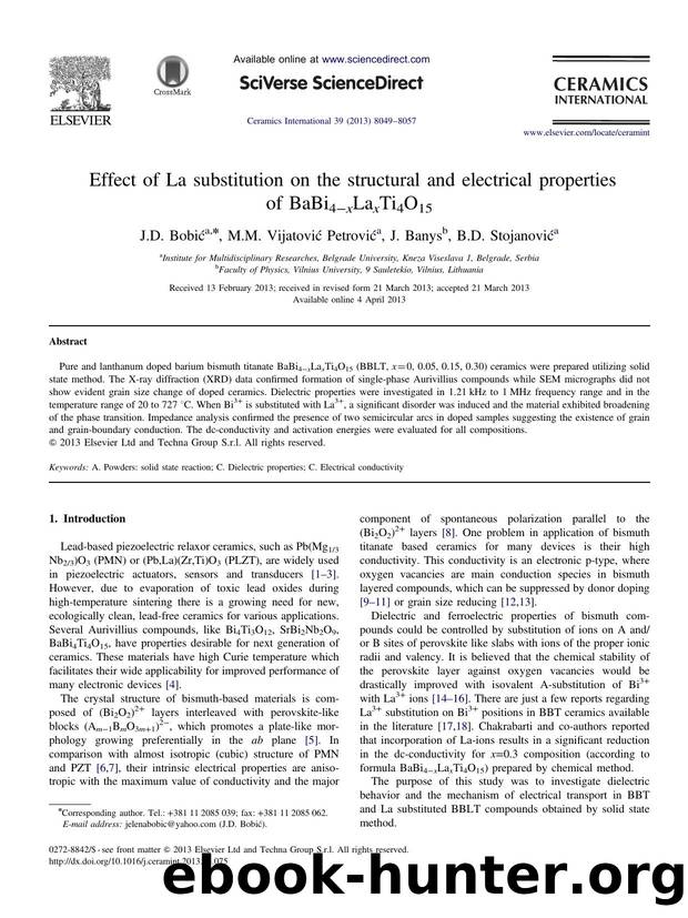 Effect of La substitution on the structural and electrical properties of BaBi4âxLaxTi4O15 by J.D. Bobić & M.M. Vijatović Petrović & J. Banys & B.D. Stojanović