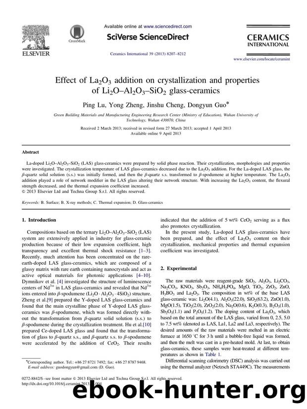 Effect of La2O3 addition on crystallization and properties of Li2OâAl2O3âSiO2 glass-ceramics by Ping Lu & Yong Zheng & Jinshu Cheng & Dongyun Guo