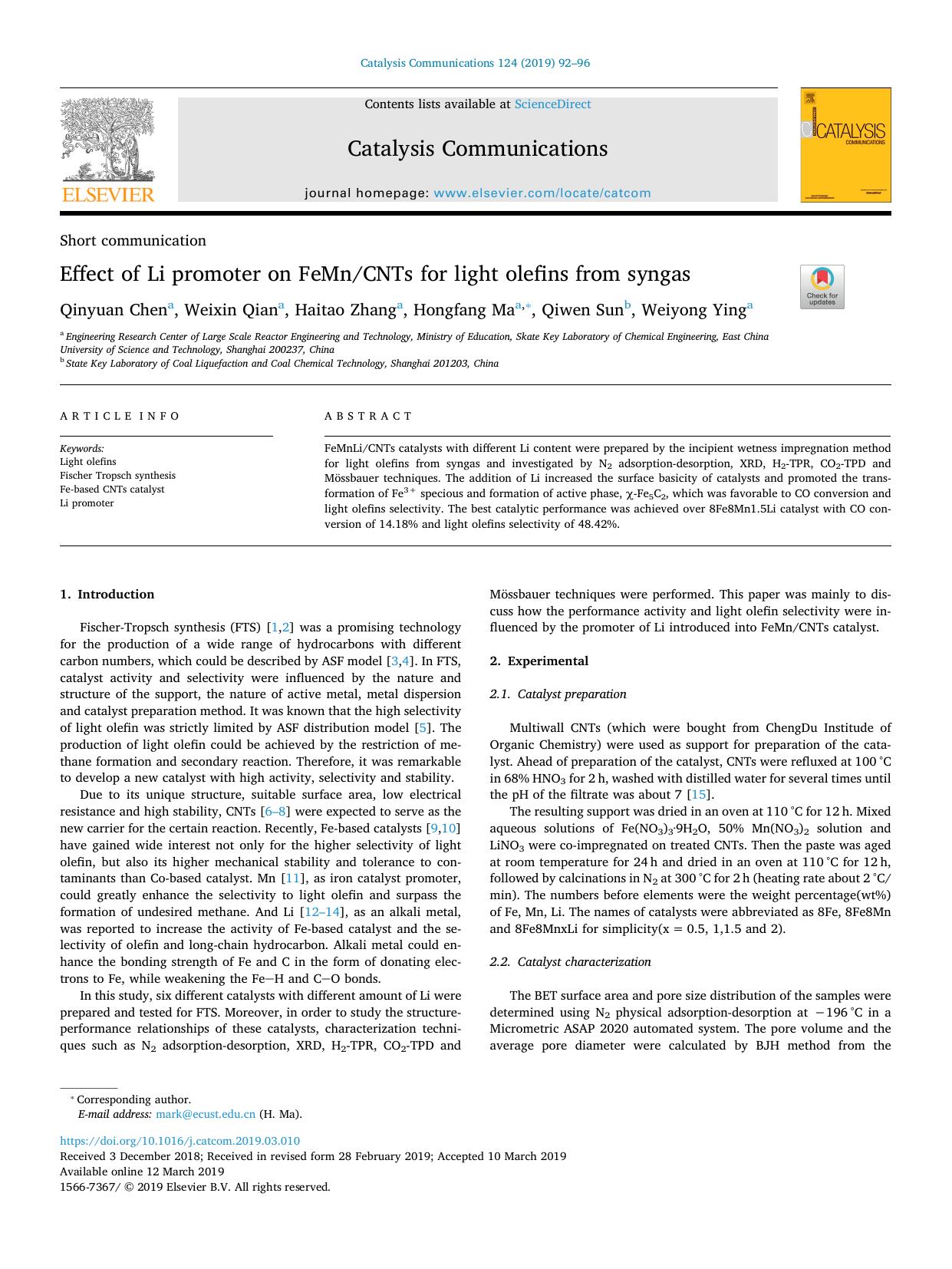 Effect of Li promoter on FeMnCNTs for light olefins from syngas by Qinyuan Chen & Weixin Qian & Haitao Zhang & Hongfang Ma & Qiwen Sun & Weiyong Ying