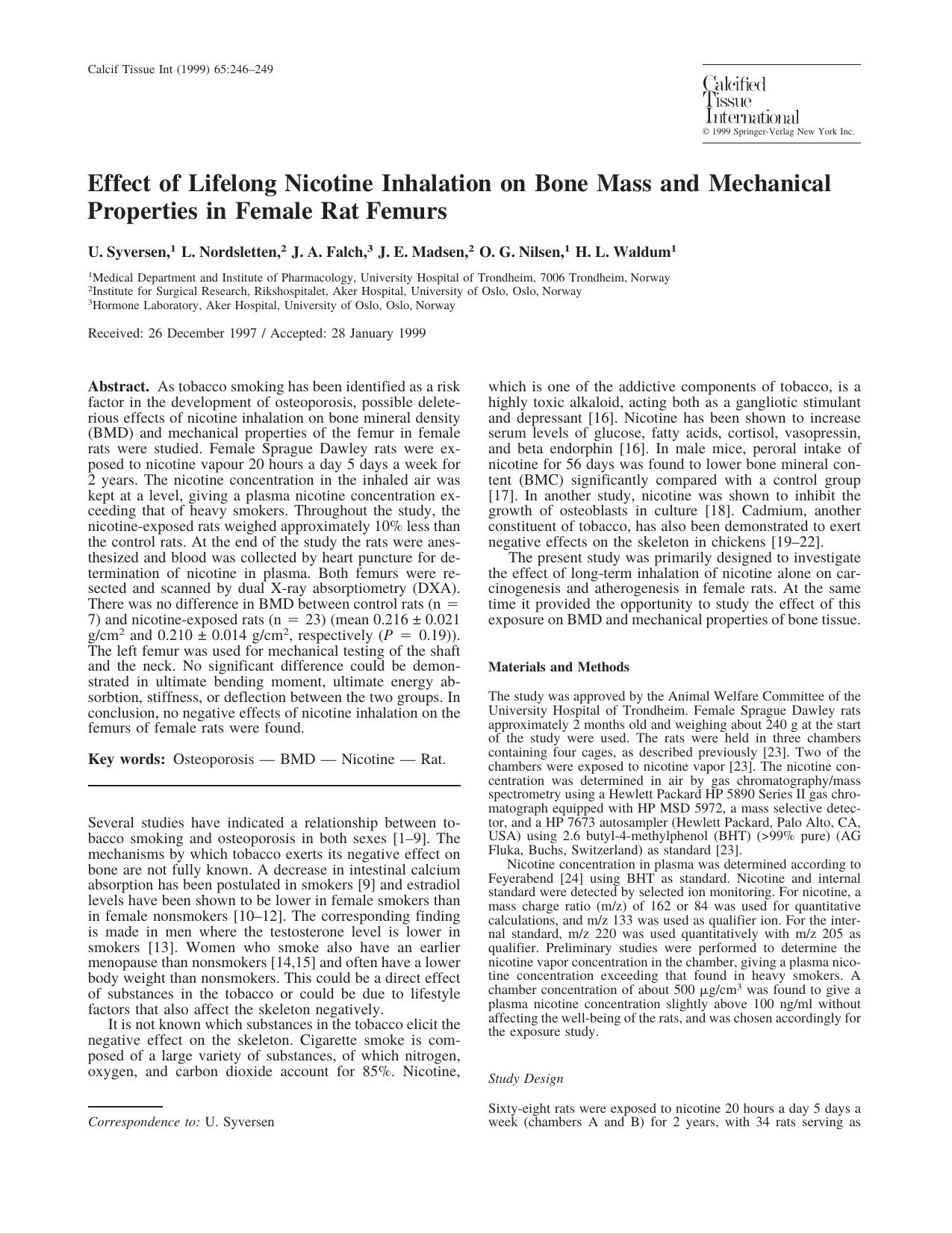 Effect of Lifelong Nicotine Inhalation on Bone Mass and Mechanical Properties in Femal Rat Femurs by Syversen U. et al