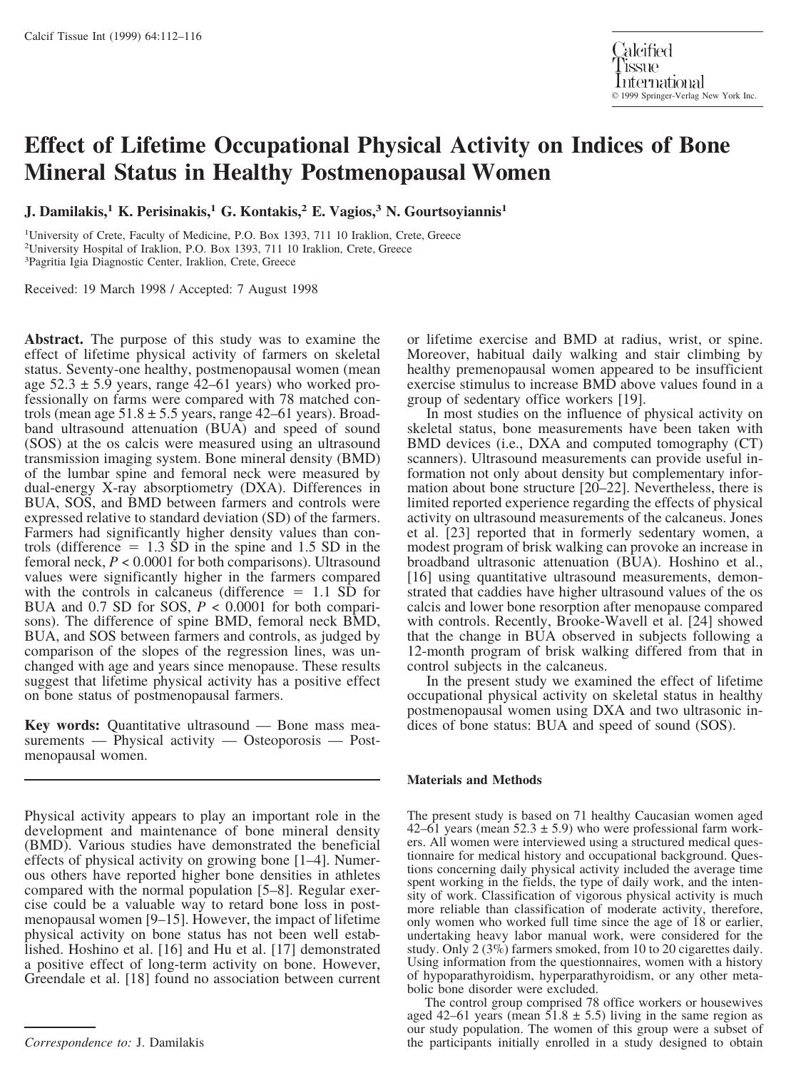 Effect of Lifetime Occupational Physical Activity on Indices of Bone Mineral Status in Healthy Postmenopausal Women by Damilakis J. et al