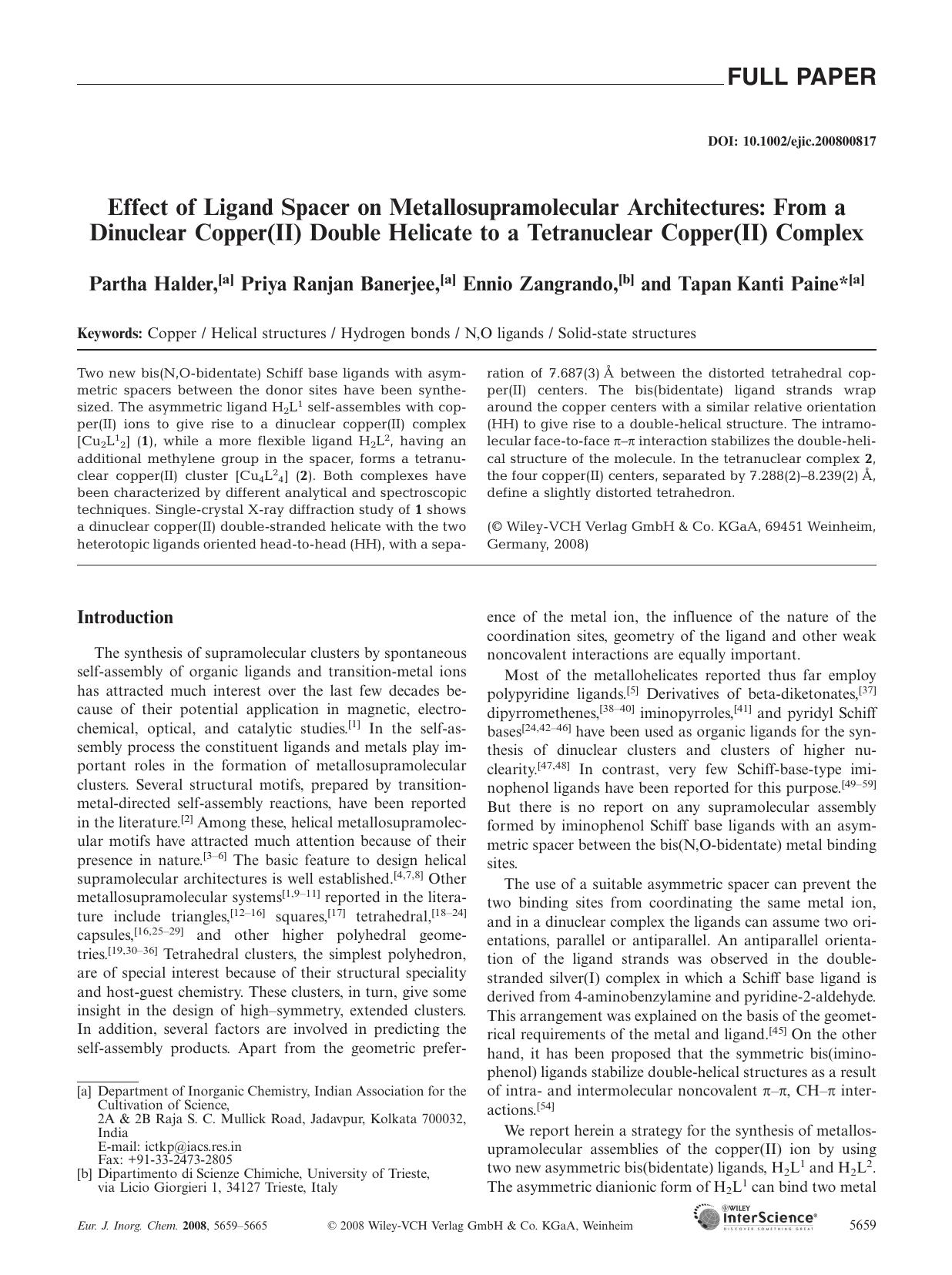Effect of Ligand Spacer on Metallosupramolecular Architectures: From a Dinuclear Copper(II) Double Helicate to a Tetranuclear Copper(II) Complex by Unknown