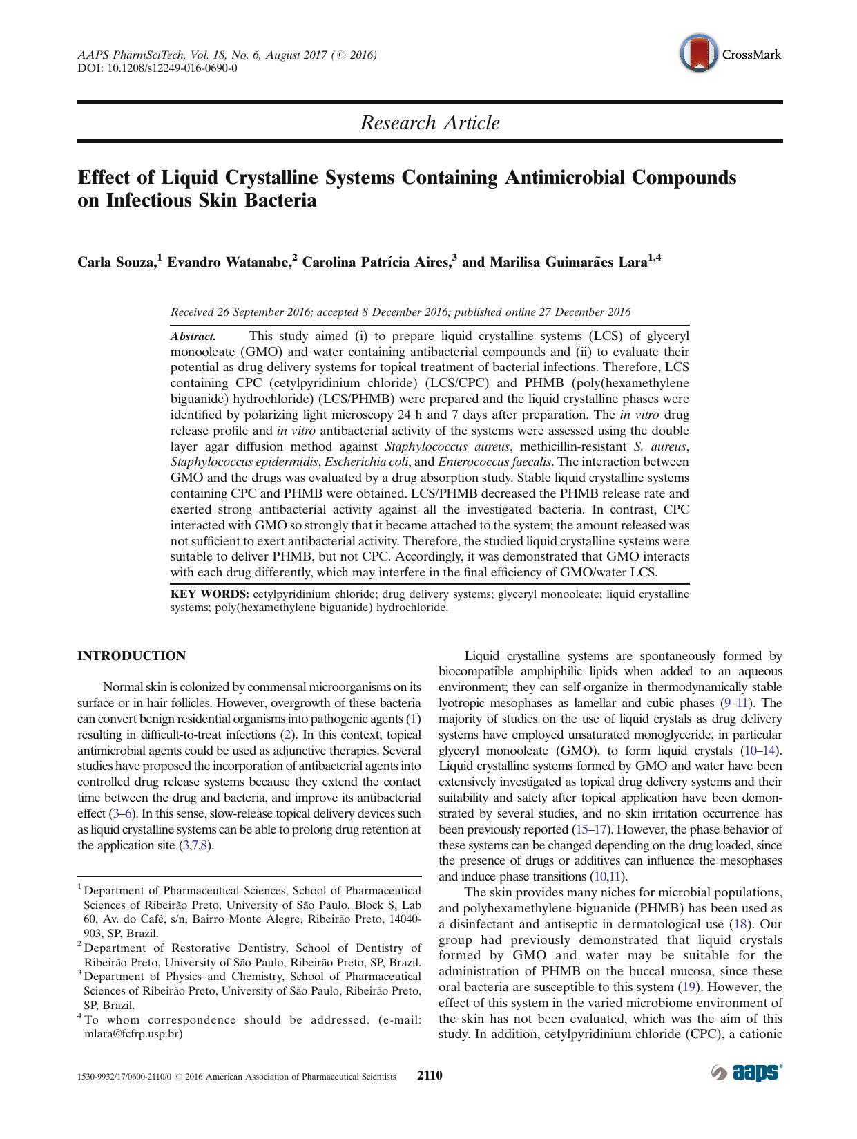 Effect of Liquid Crystalline Systems Containing Antimicrobial Compounds on Infectious Skin Bacteria by Carla Souza & Evandro Watanabe & Carolina Patrícia Aires & Marilisa Guimarães Lara