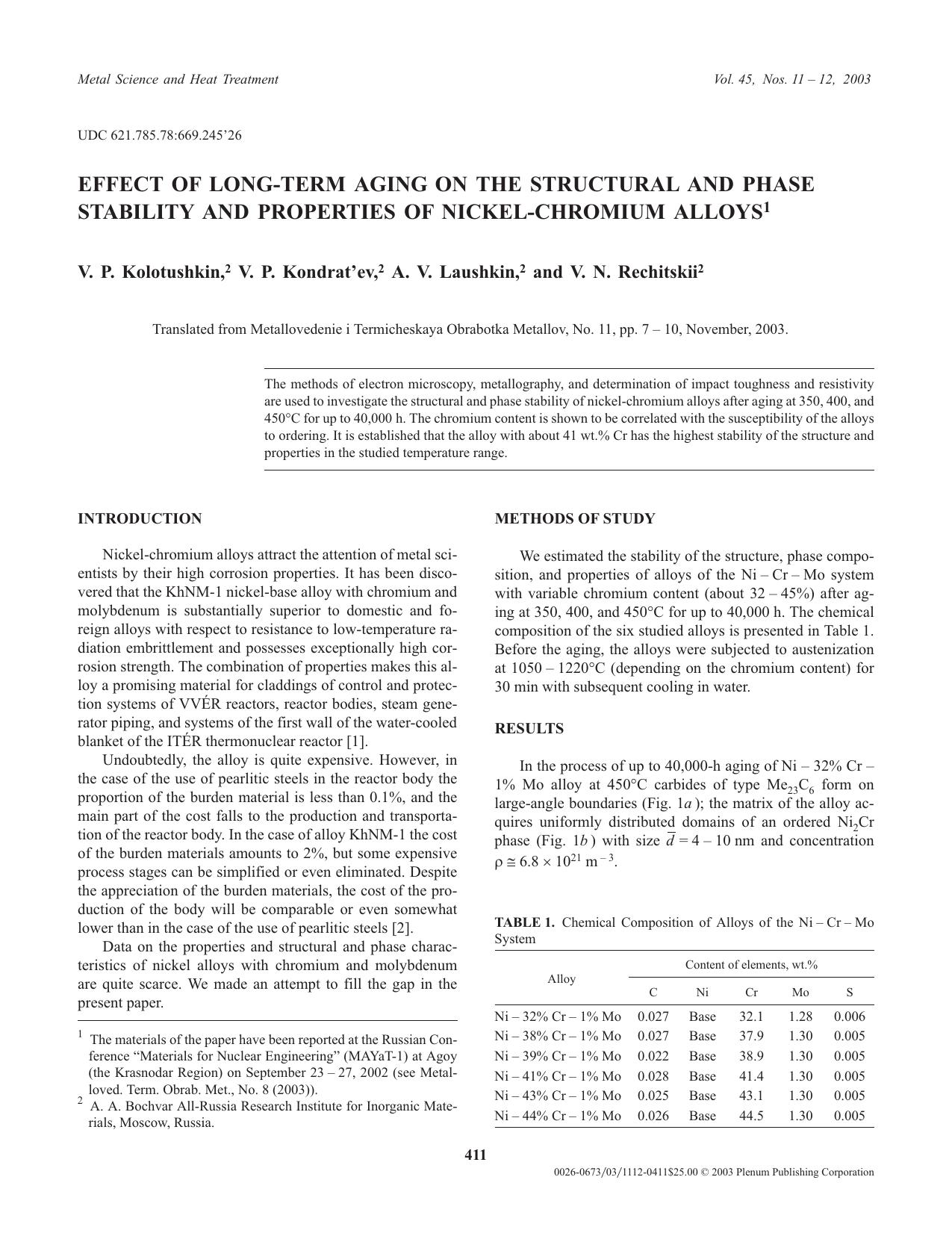 Effect of Long-Term Aging on the Structural and Phase Stability and Properties of Nickel-Chromium Alloys by Unknown