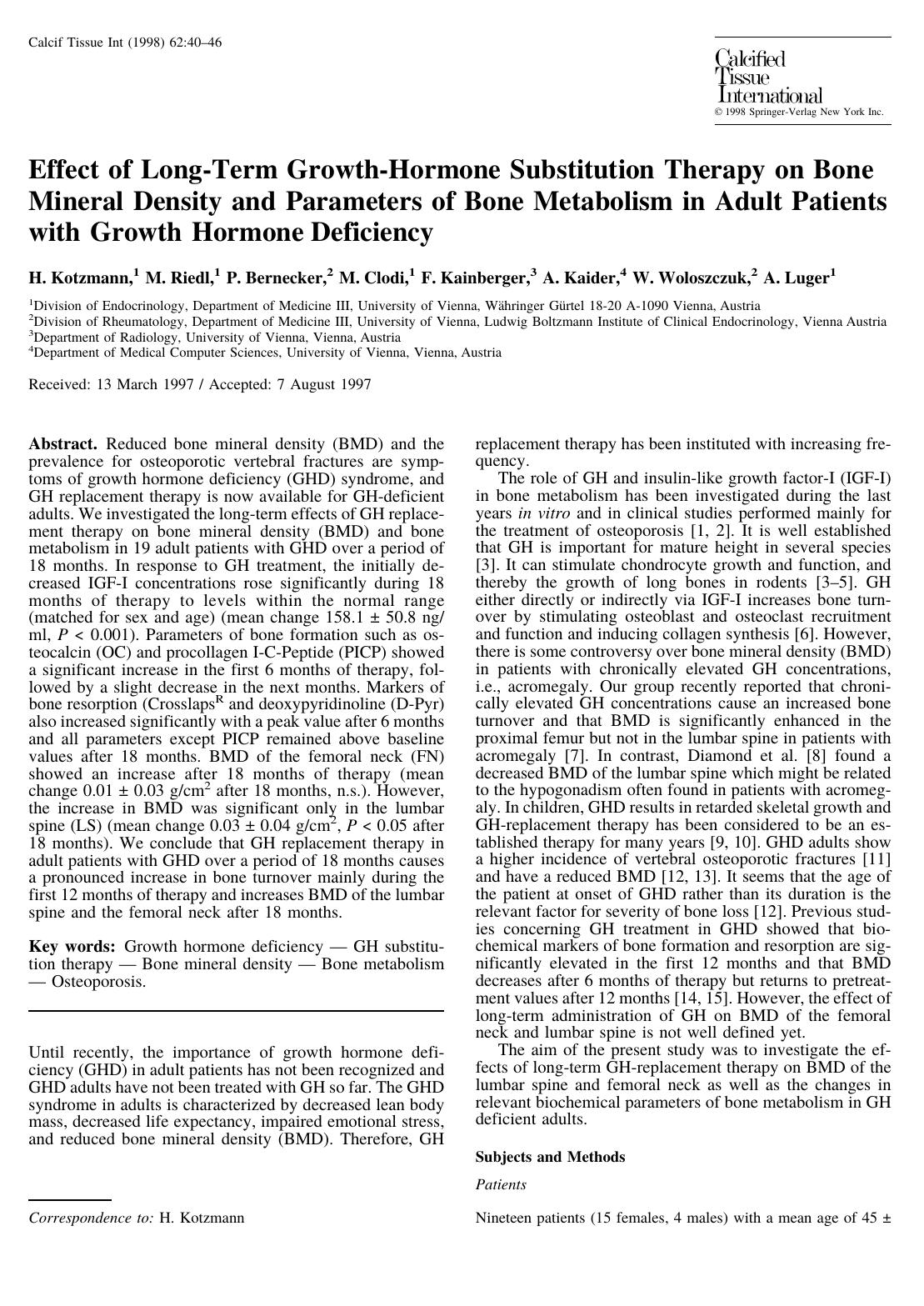 Effect of Long-Term Growth-Hormone Substitution Therapy on Bone Mineral Density and Parameters of Bone Metabolism in Adult Patients with Growth Hormone Deficiency by Kotzmann H. et al