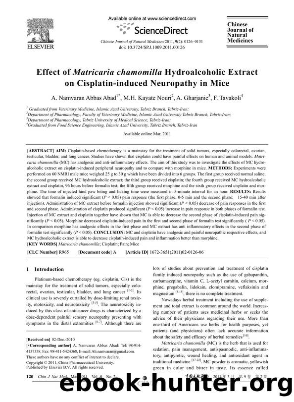 Effect of Matricaria chamomilla Hydroalcoholic Extract on Cisplatin-induced Neuropathy in Mice by A. Namvaran Abbas Abad & M.H. Kayate Nouri & A. Gharjanie & F. Tavakoli