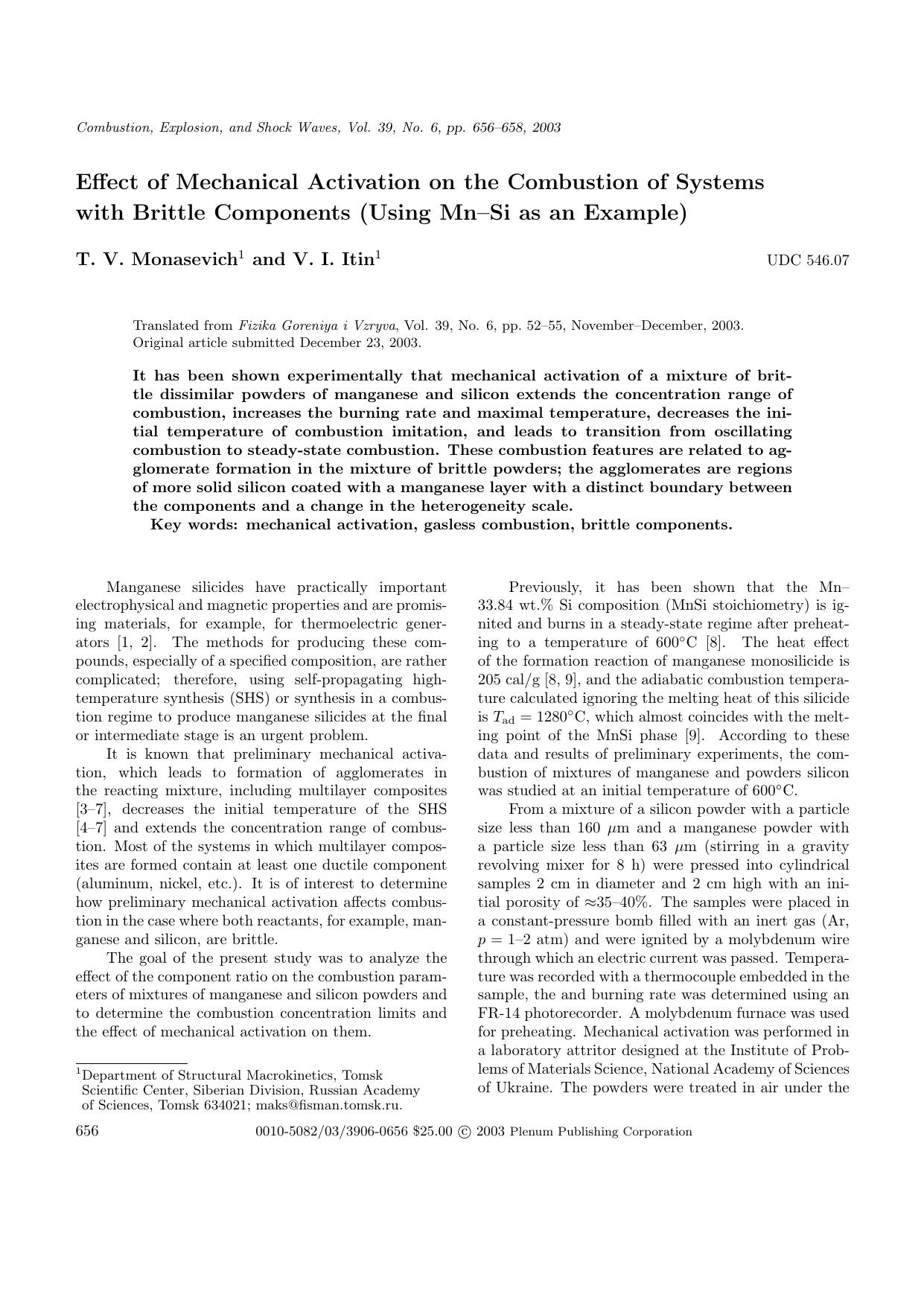 Effect of Mechanical Activation on the Combustion of Systems with Brittle Components (Using Mn&#x2013;Si as an Example) by Unknown