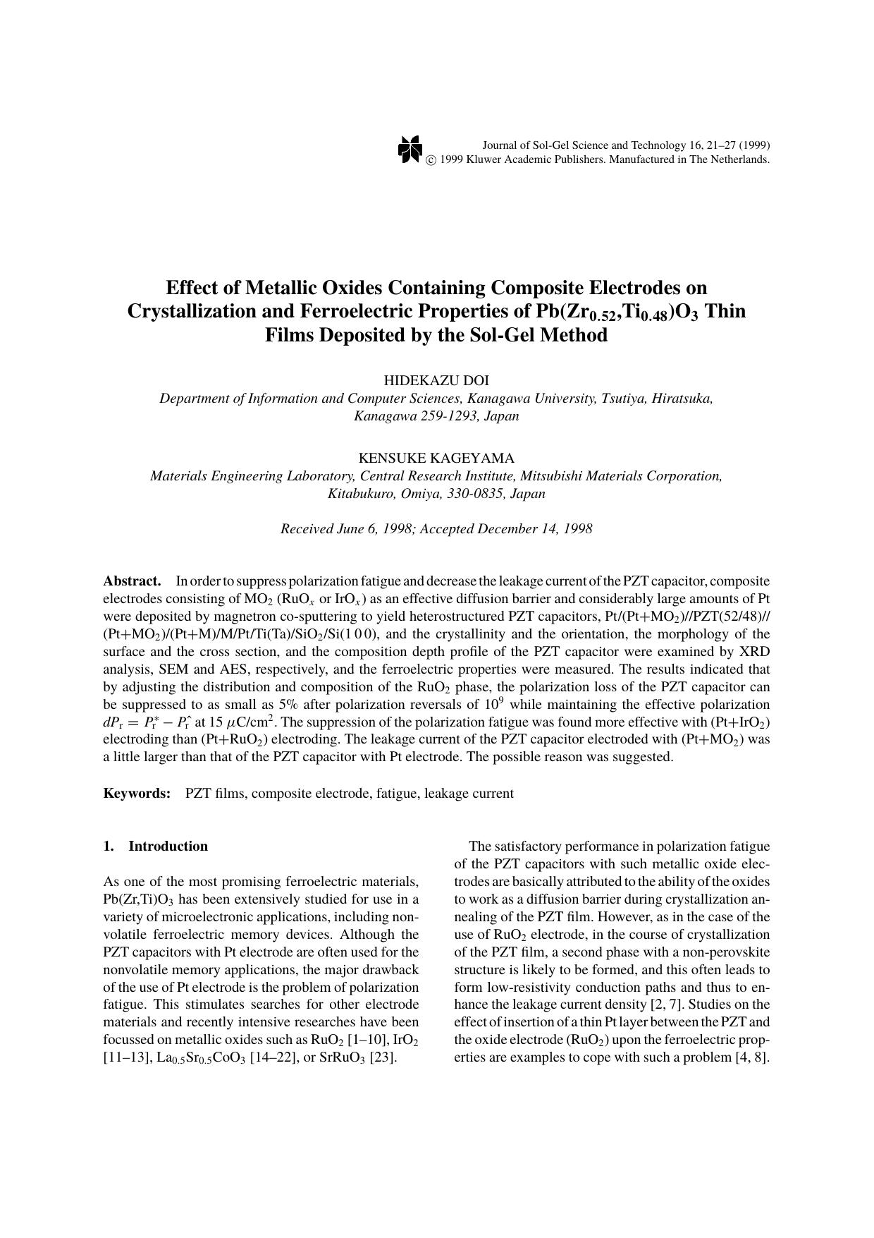 Effect of Metallic Oxides Containing Composite Electrodes on Crystallization and Ferroelectric Properties of Pb(Zr0.52,Ti0.48)O3 Thin Films Deposited by the Sol-Gel Method by Unknown