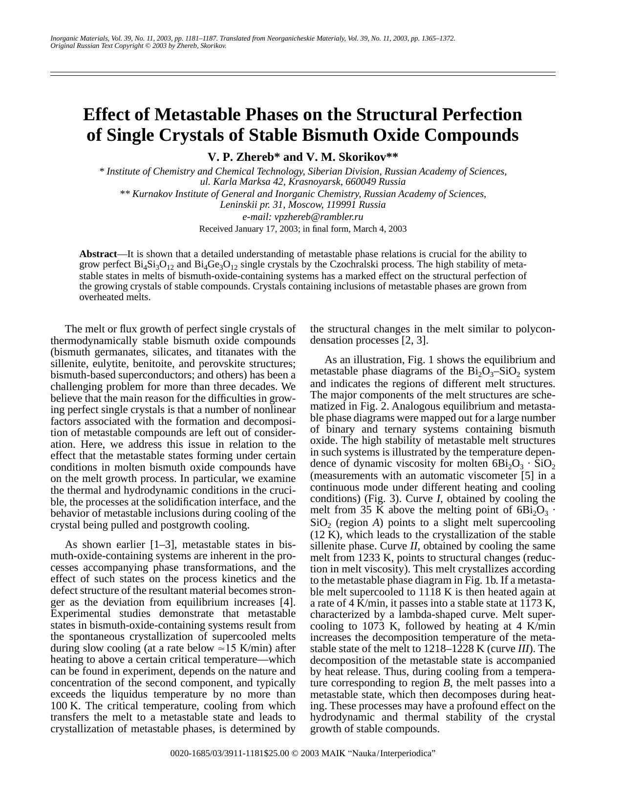 Effect of Metastable Phases on the Structural Perfection of Single Crystals of Stable Bismuth Oxide Compounds by Unknown