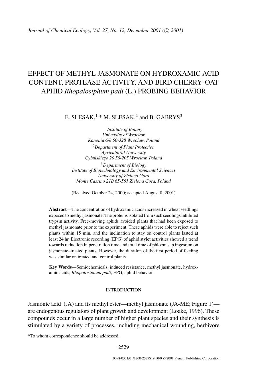 Effect of Methyl Jasmonate on Hydroxamic Acid Content, Protease Activity, and Bird Cherry–Oat Aphid Rhopalosiphum padi (L.) Probing Behavior by Unknown